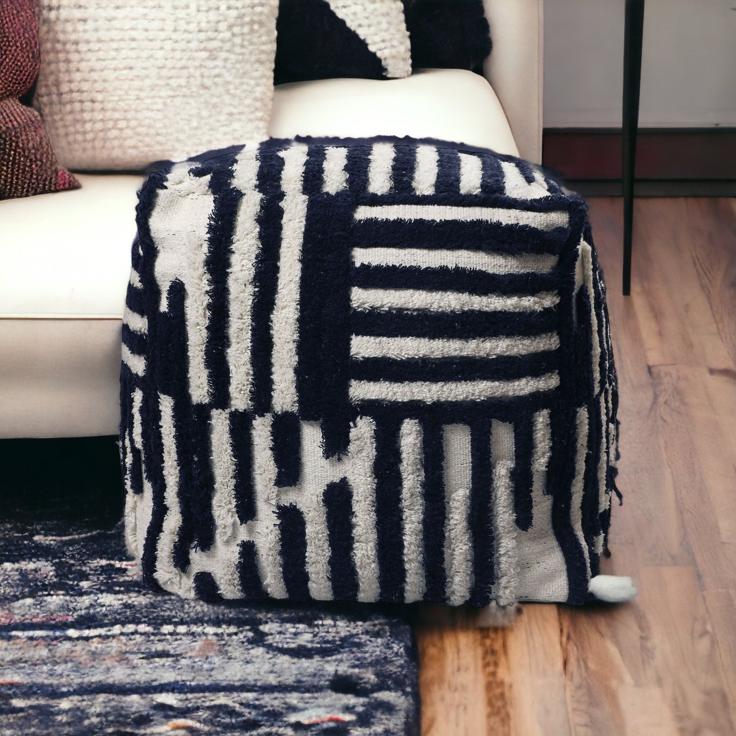 18" Blue Cotton Cube Striped Pouf Ottoman