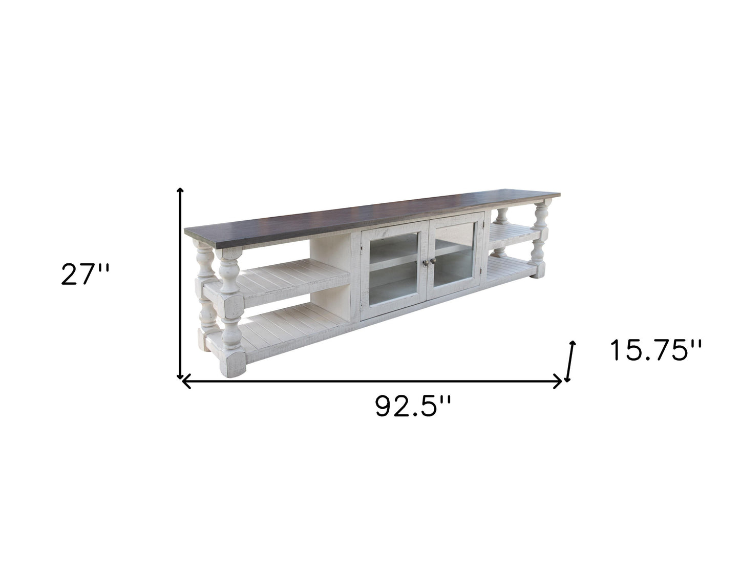 93" Gray and Ivory Solid Wood Cabinet Enclosed Storage Distressed TV Stand