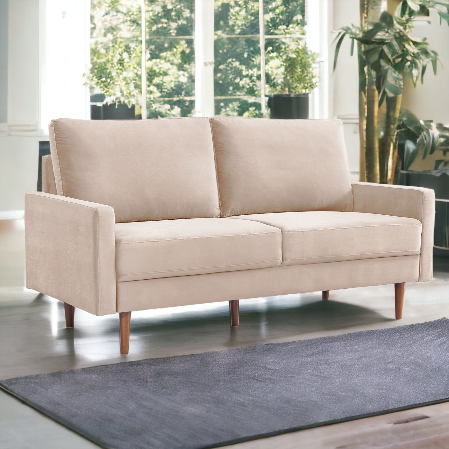 69" Beige Velvet and Dark Brown Sofa