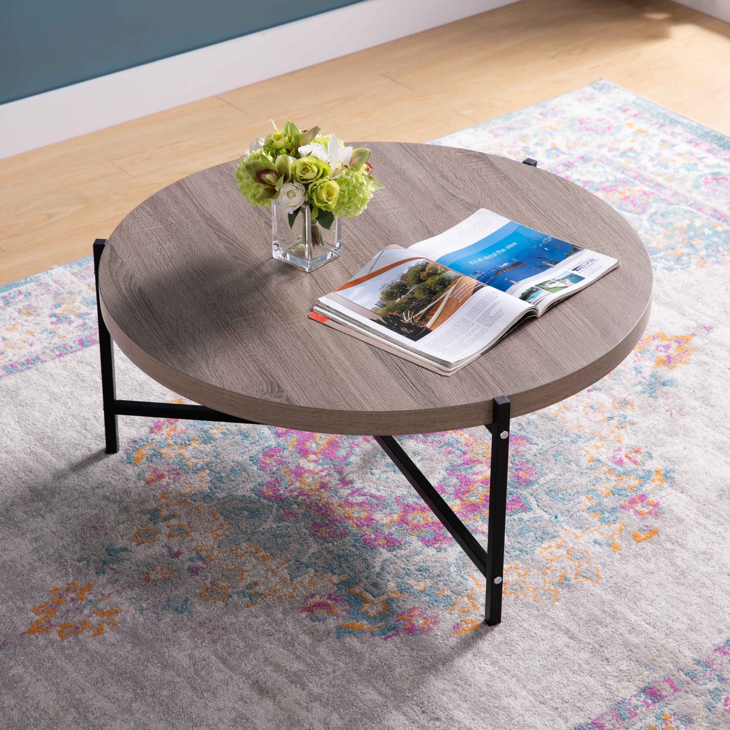 37" Sandy Brown And Black Metal Round Coffee Table