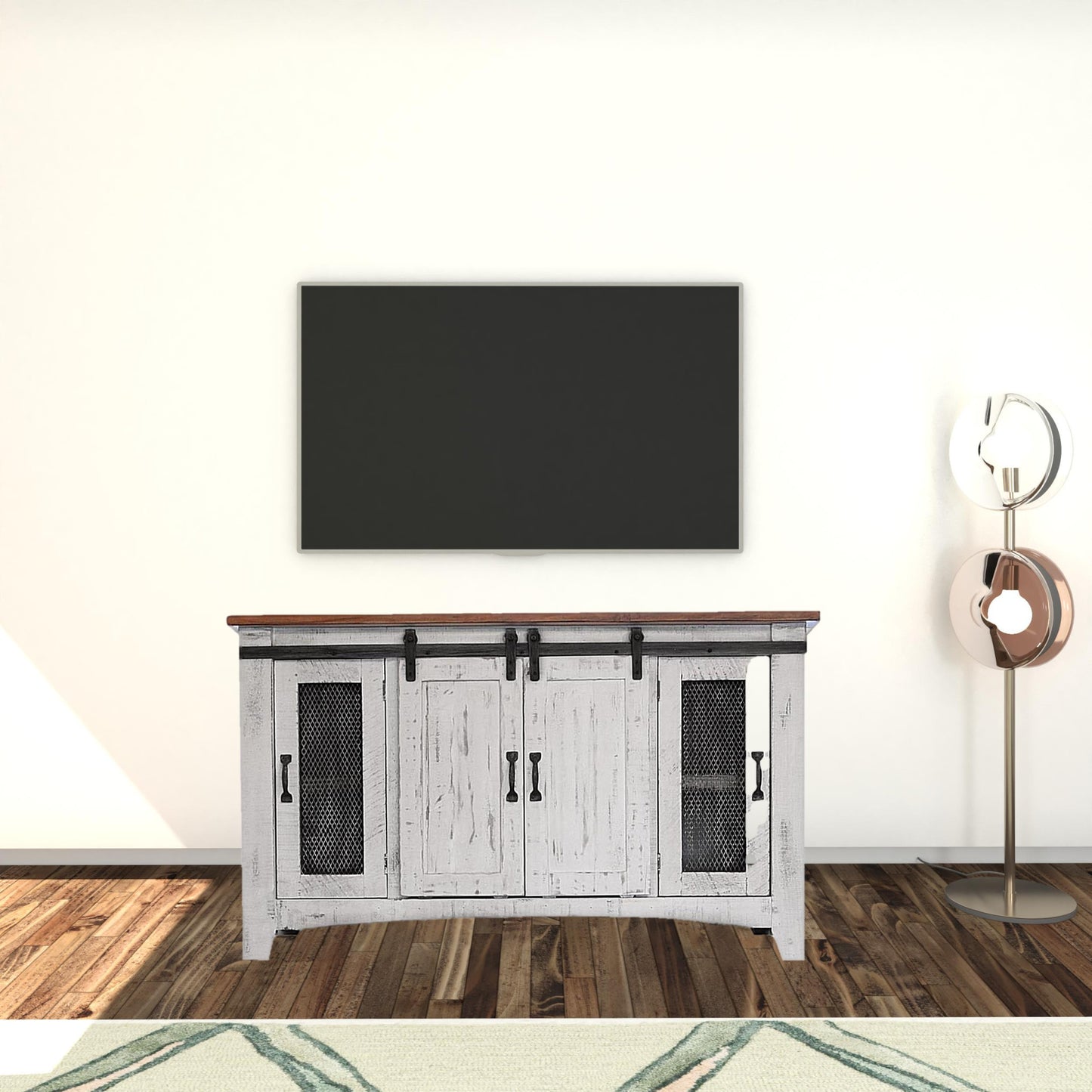 70" White Solid Wood Cabinet Enclosed Storage Distressed TV Stand