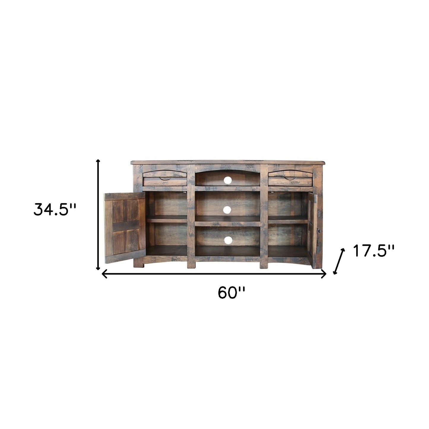 60" Brown Solid Wood Cabinet Enclosed Storage Distressed TV Stand