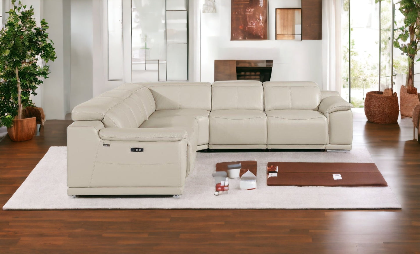 Beige Italian Leather Power Reclining U Shaped Five Piece Corner Sectional With Console