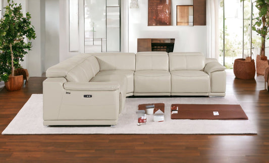 Beige Italian Leather Power Reclining U Shaped Five Piece Corner Sectional With Console