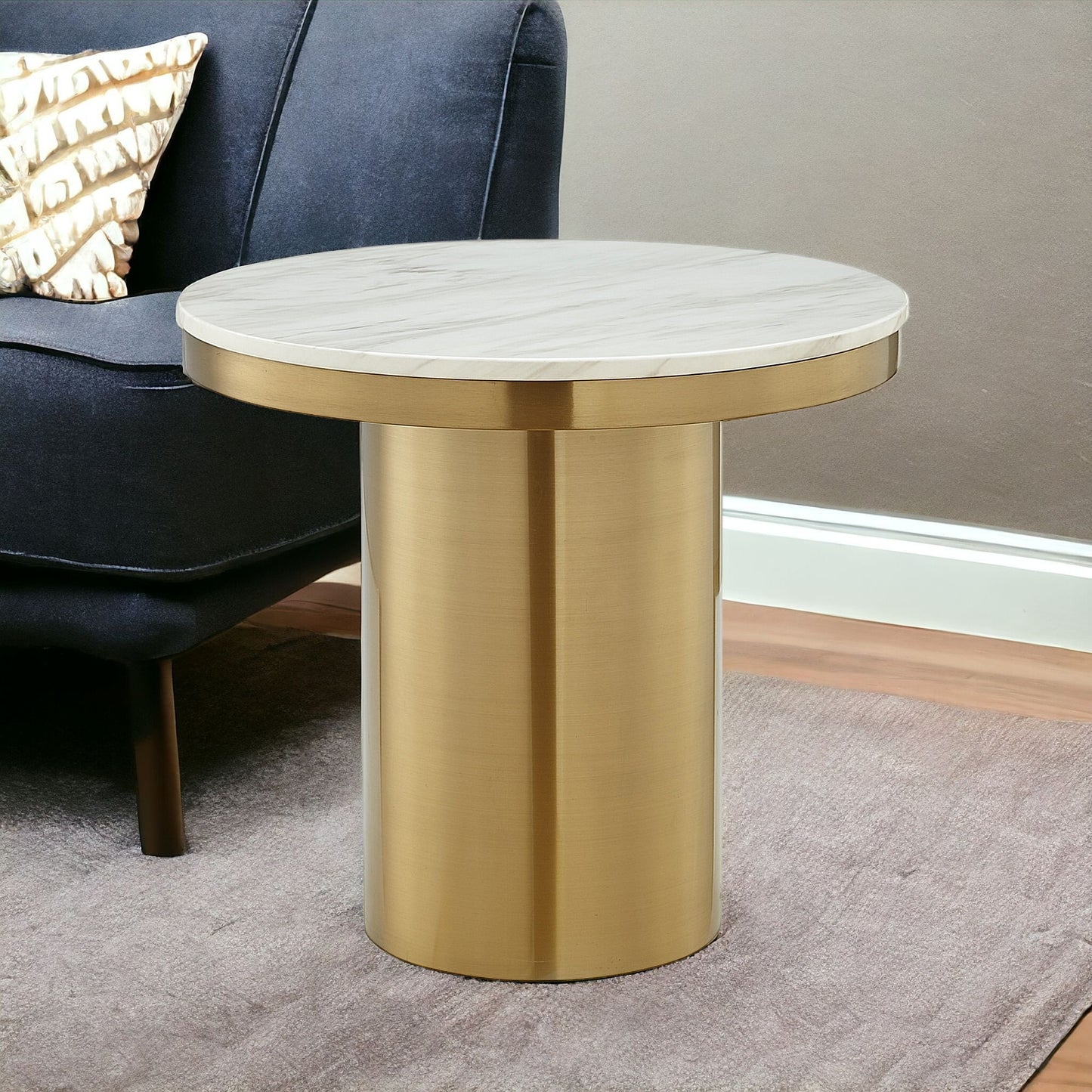 22" Gold and White Genuine Marble Round End Table