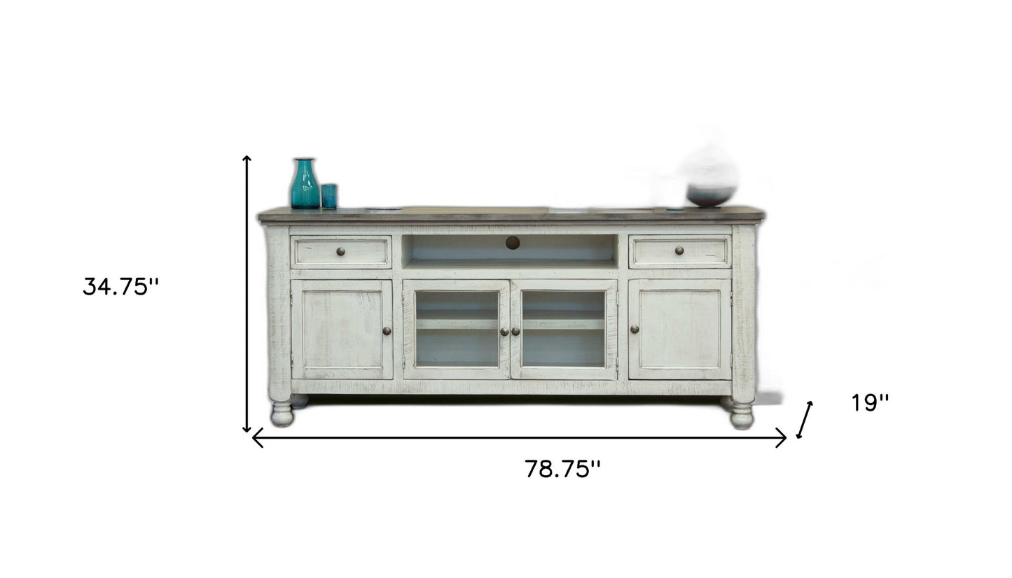 79" Ivory Solid Wood Open shelving Distressed TV Stand