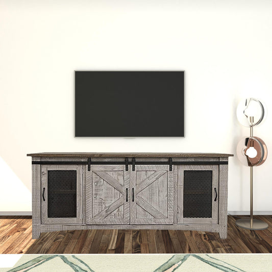 79" Gray Solid Wood Cabinet Enclosed Storage Distressed TV Stand