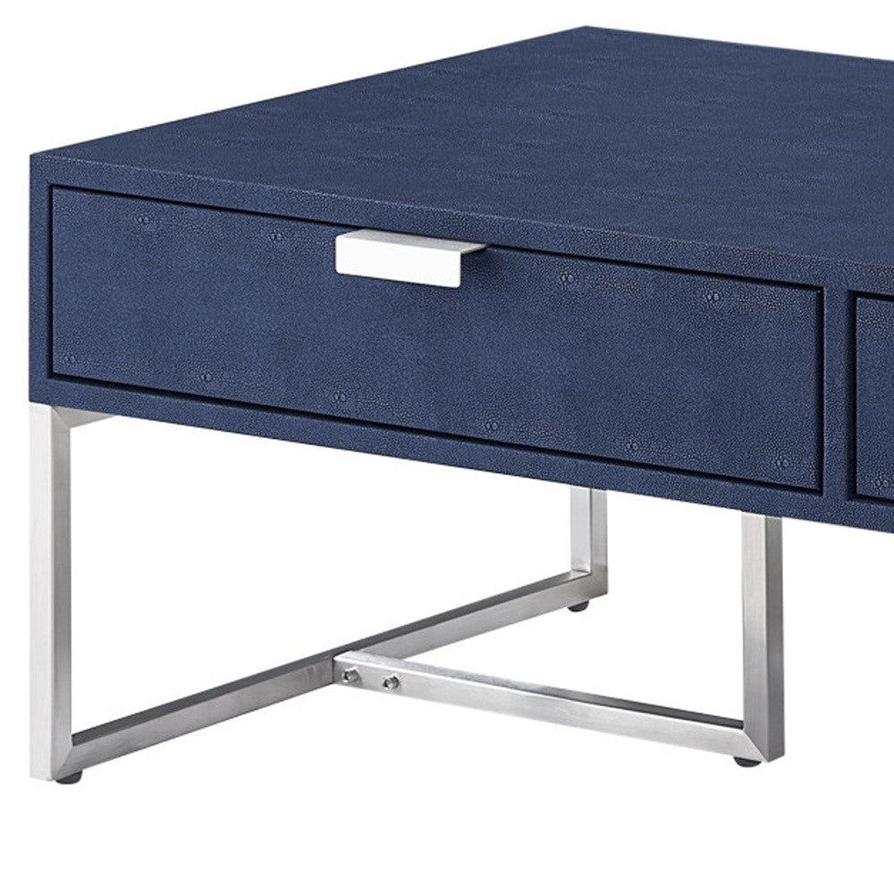 46" Navy Blue And Silver Metallic Stainless Steel Coffee Table With Two Drawers