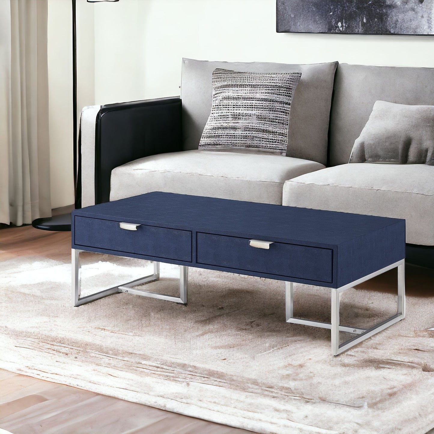 46" Navy Blue And Silver Metallic Stainless Steel Coffee Table With Two Drawers