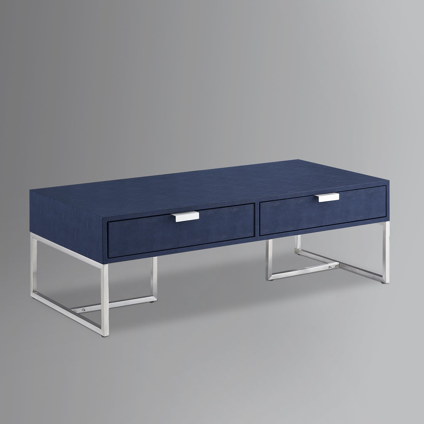 46" Navy Blue And Silver Metallic Stainless Steel Coffee Table With Two Drawers