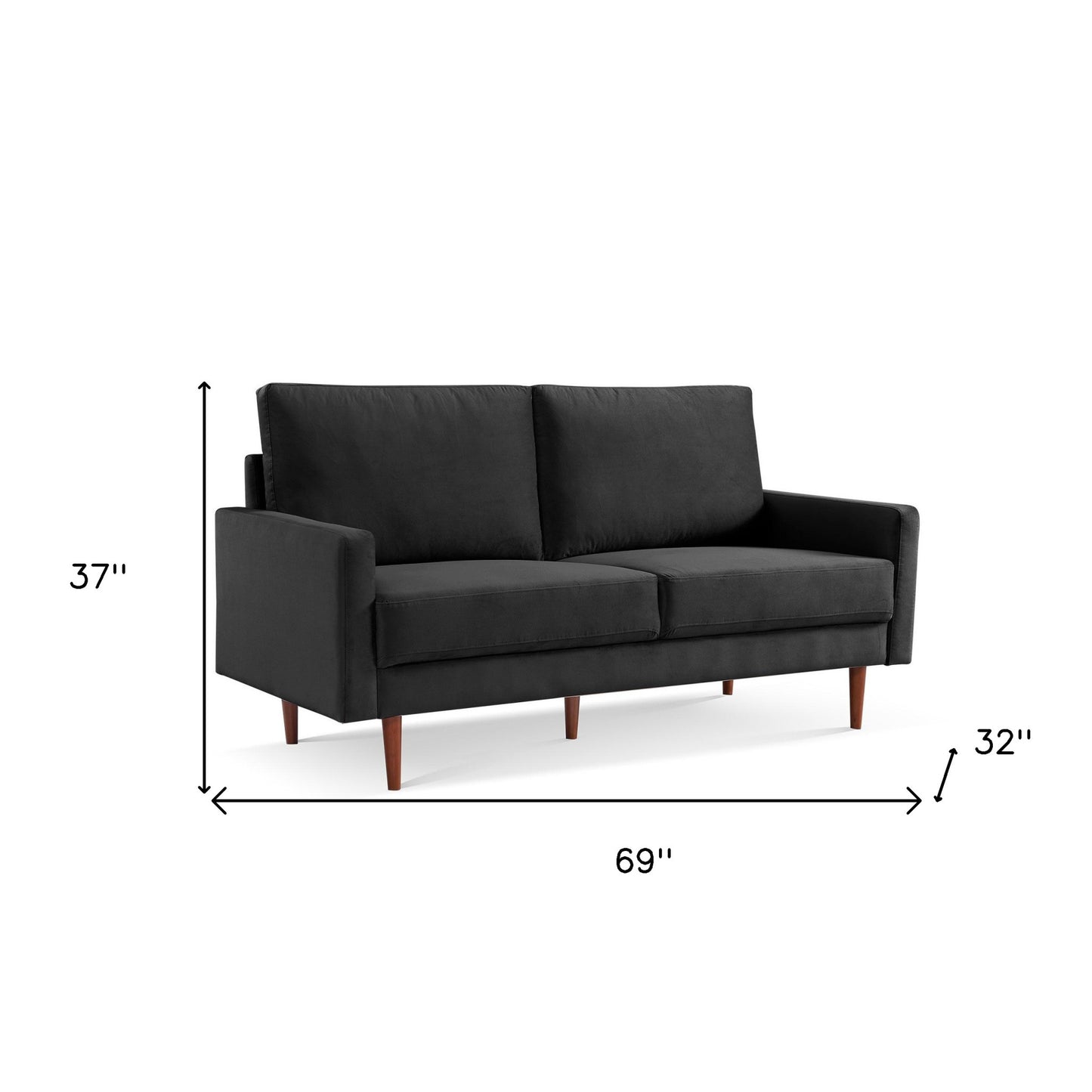 69" Black Velvet and Dark Brown Sofa