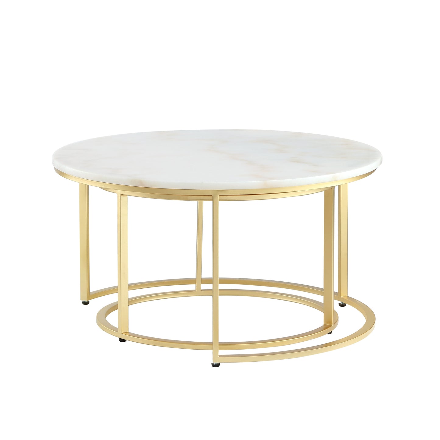 Set of Two 31" White And Gold Genuine Marble And Iron Round Nested Coffee Tables