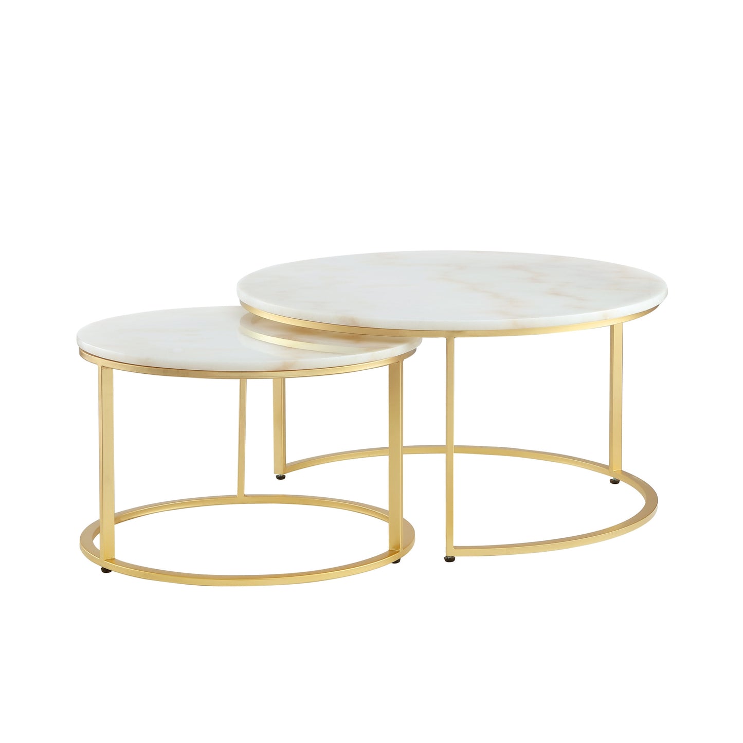 Set of Two 31" White And Gold Genuine Marble And Iron Round Nested Coffee Tables