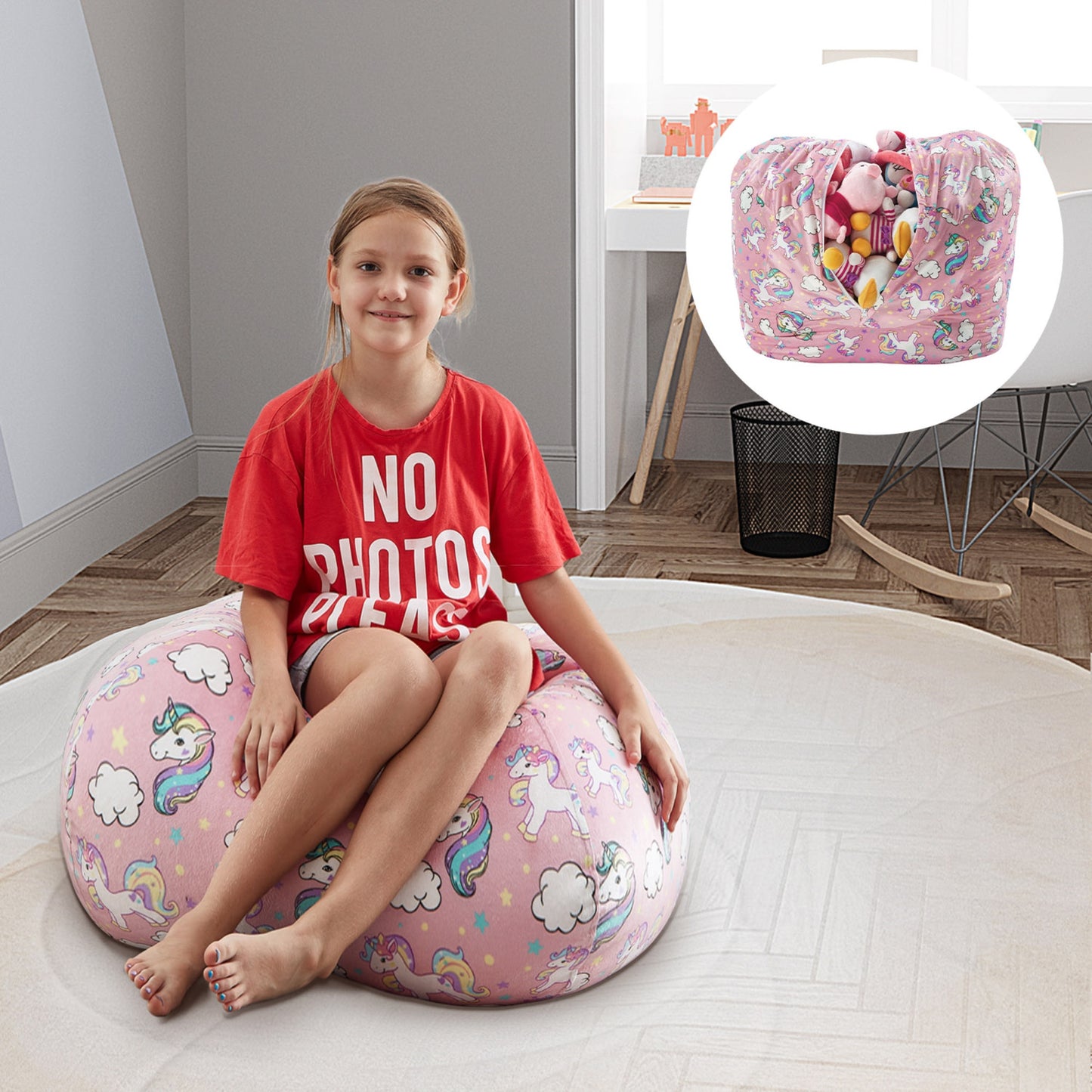 32" Light Pink Microfiber Round Unicorn Pouf Cover