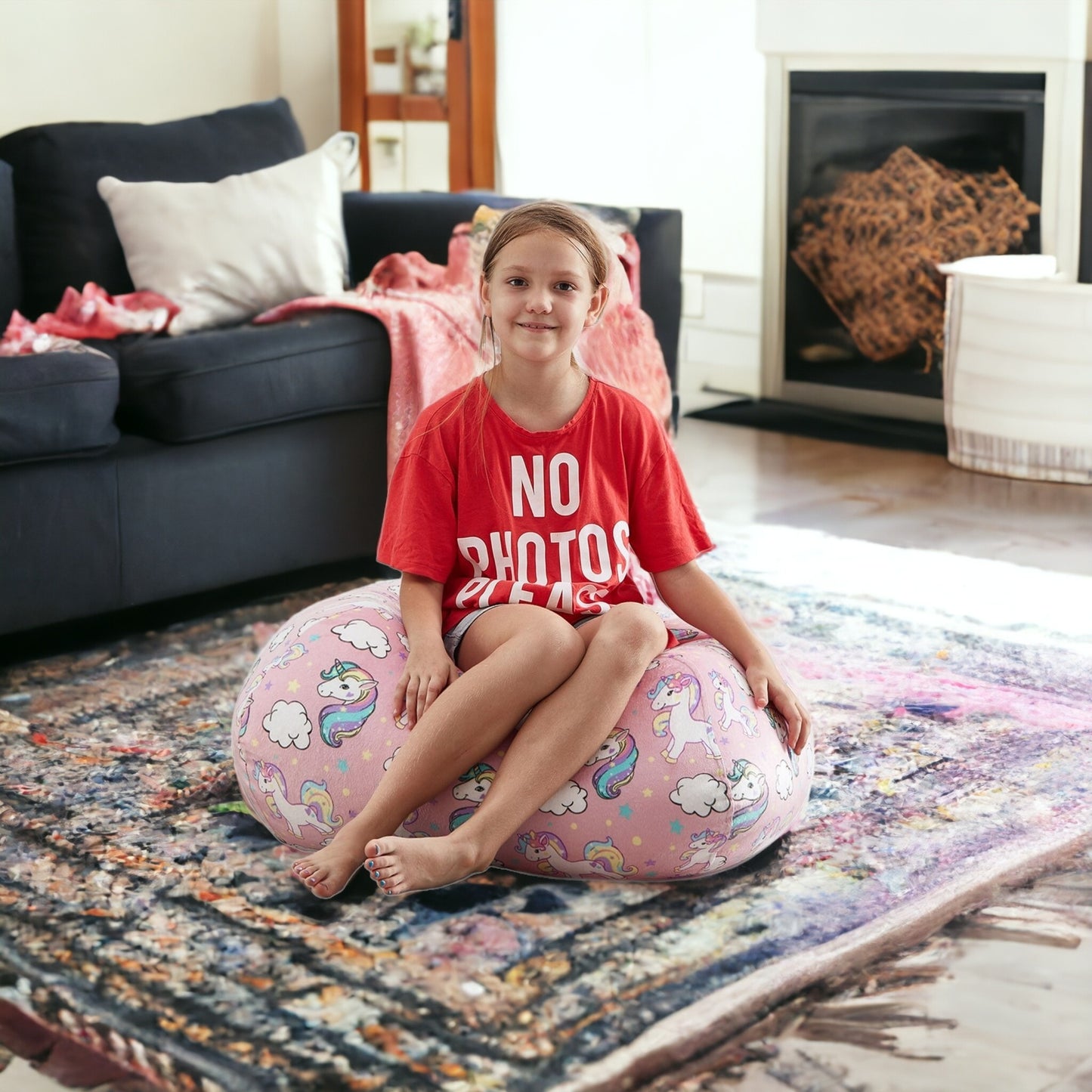 32" Light Pink Microfiber Round Unicorn Pouf Cover