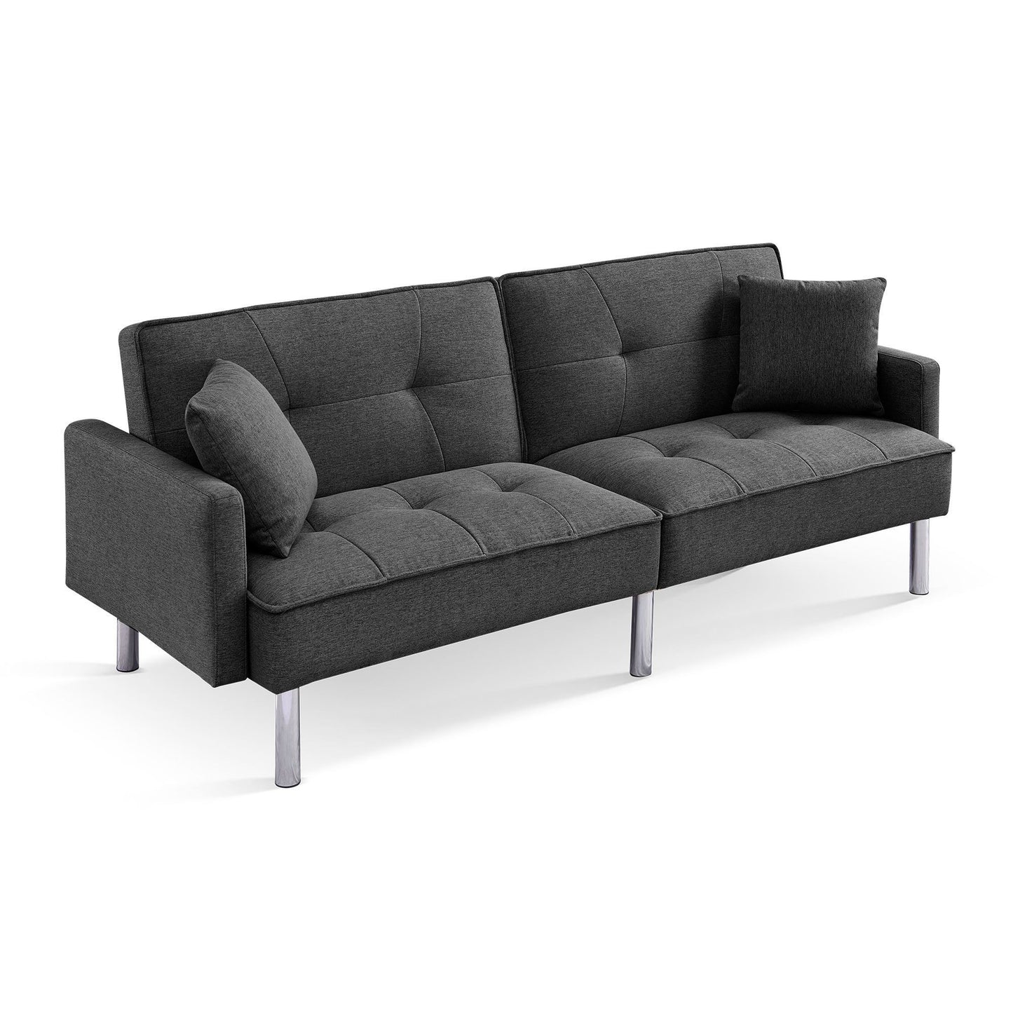 85" Dark Gray Polyester Blend and Silver Convertible Futon Sleeper Sofa and Toss Pillows