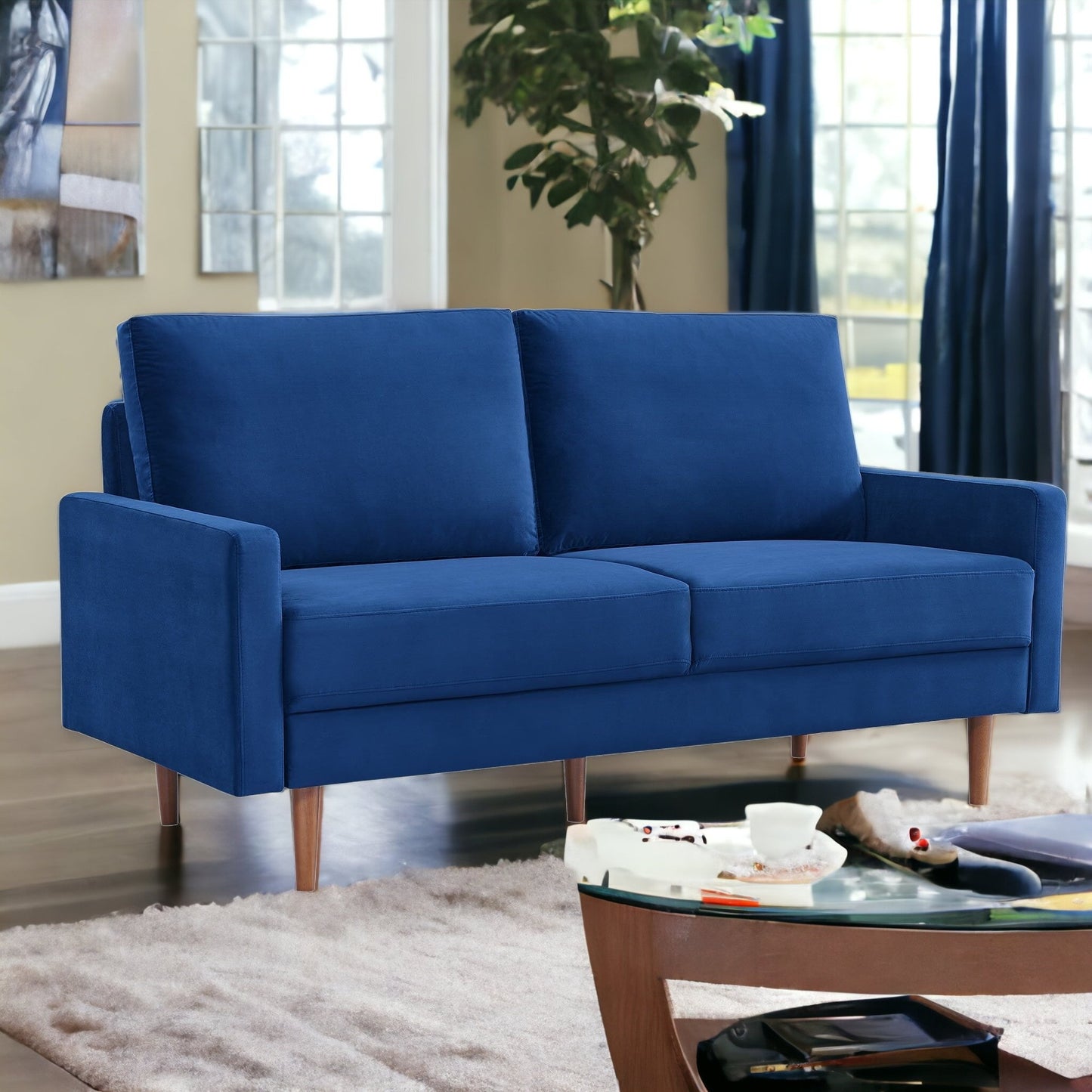 69" Blue Velvet and Dark Brown Sofa