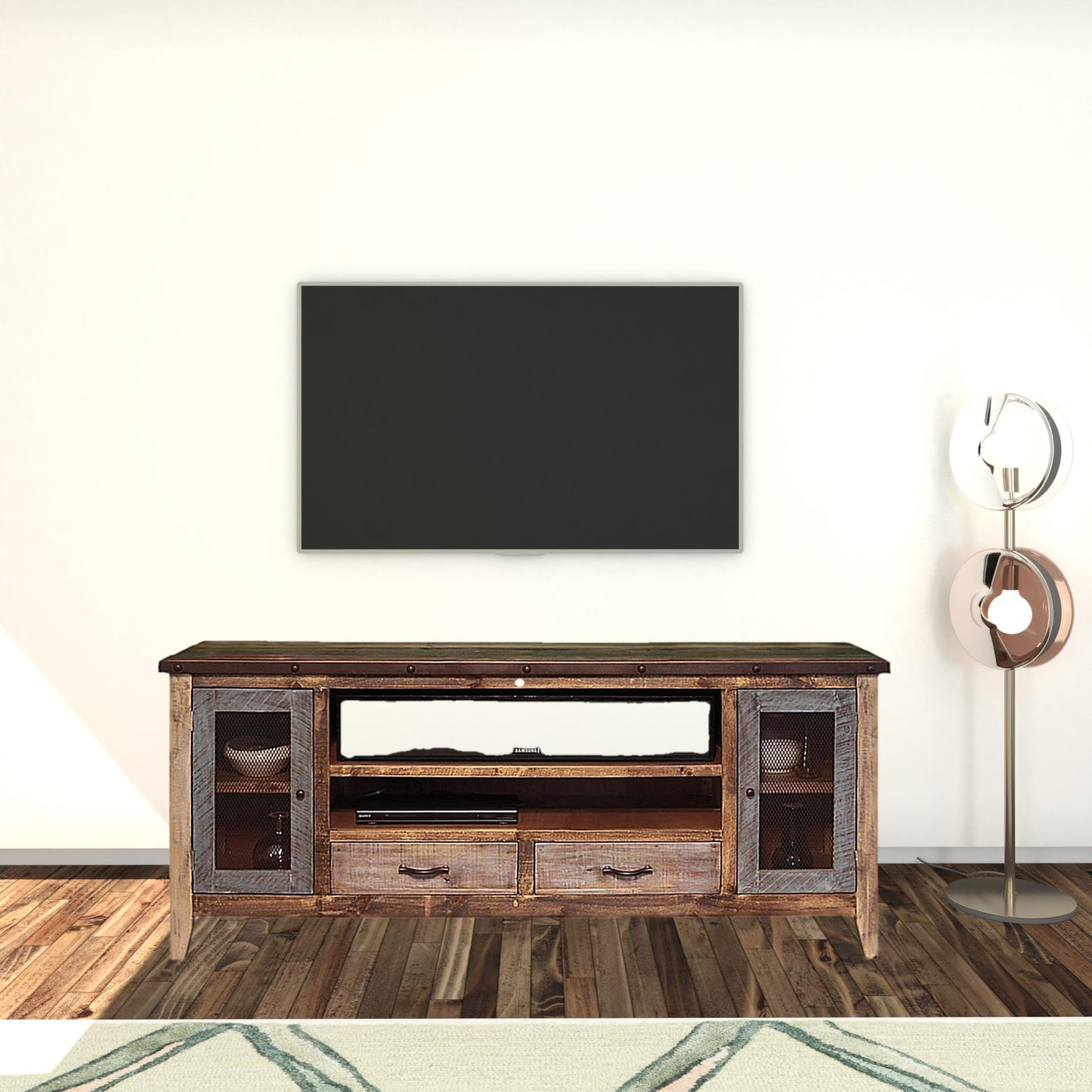 76" Brown Solid Wood Cabinet Enclosed Storage Distressed TV Stand