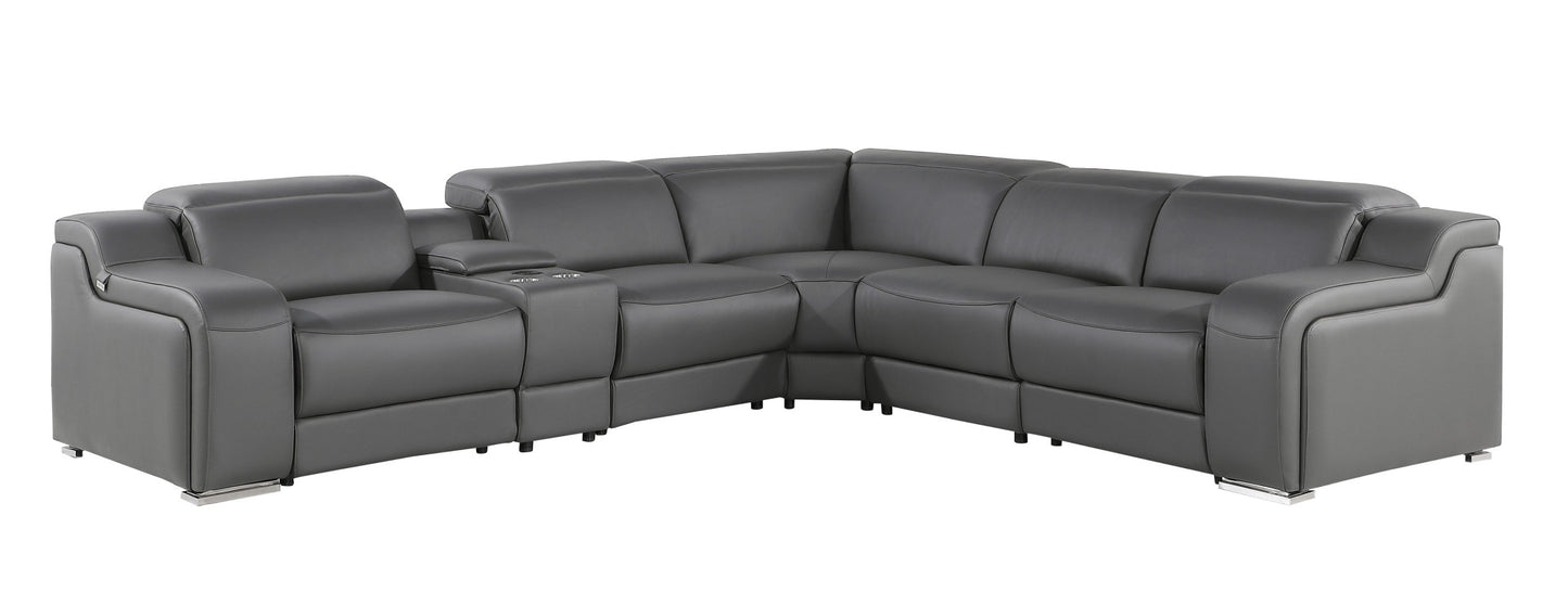 Gray Italian Leather Power Reclining Curved Six Piece Corner Sectional With Console