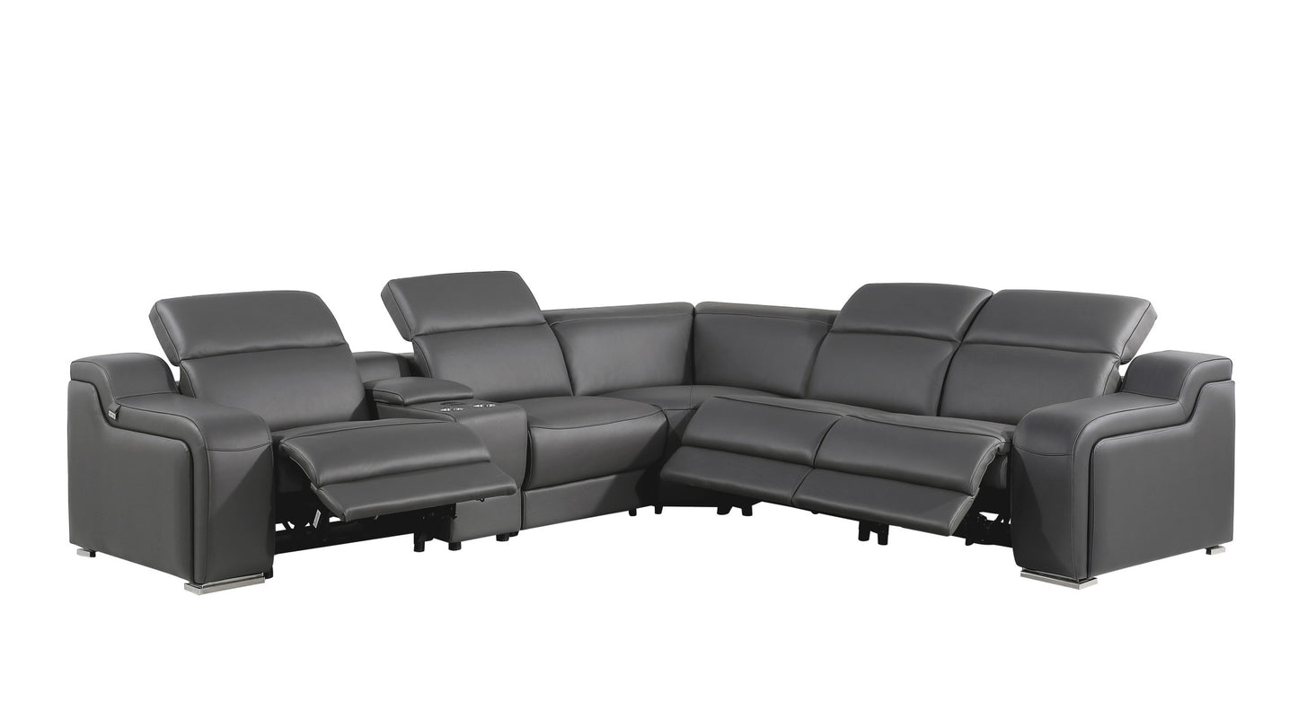 Gray Italian Leather Power Reclining Curved Six Piece Corner Sectional With Console