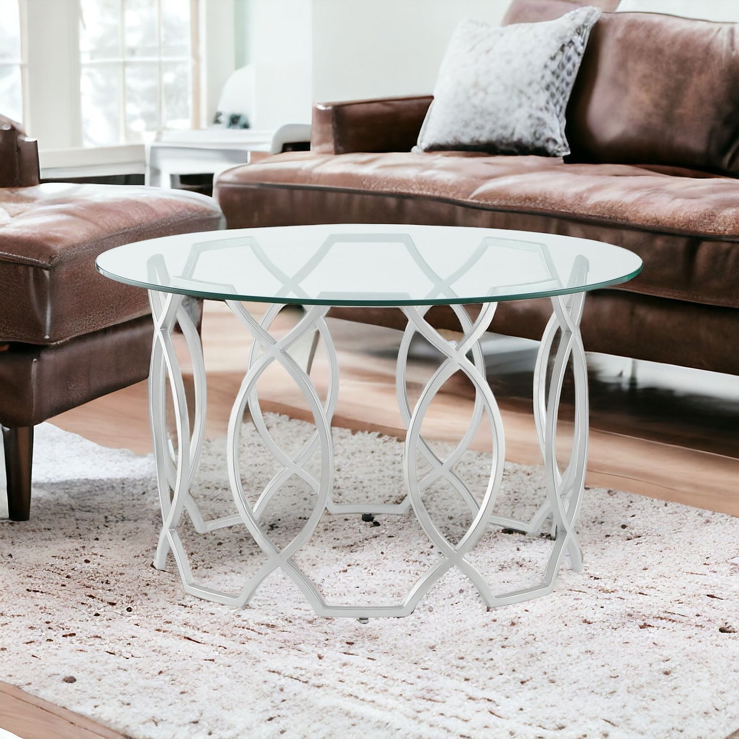 32" Clear And Silver Glass And Iron Round Coffee Table