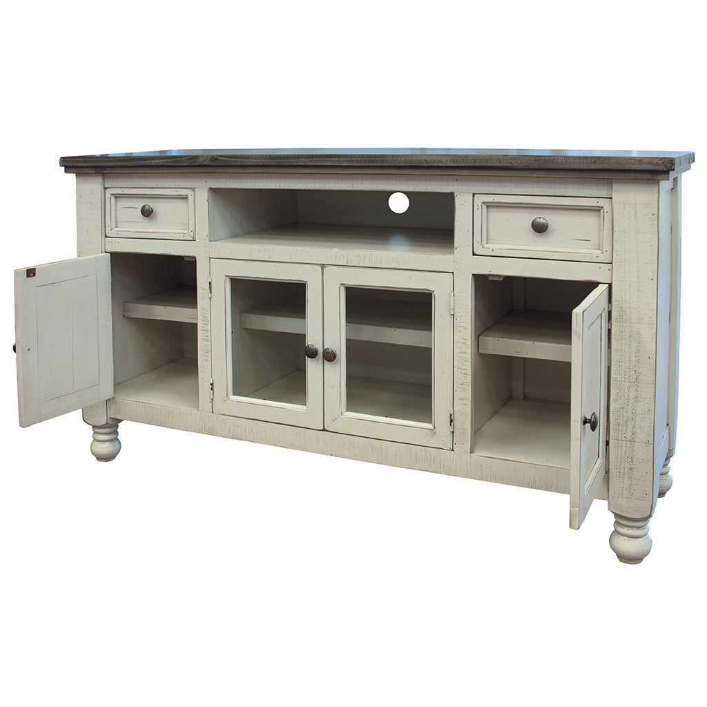 60" Ivory Solid Wood Open shelving Distressed TV Stand