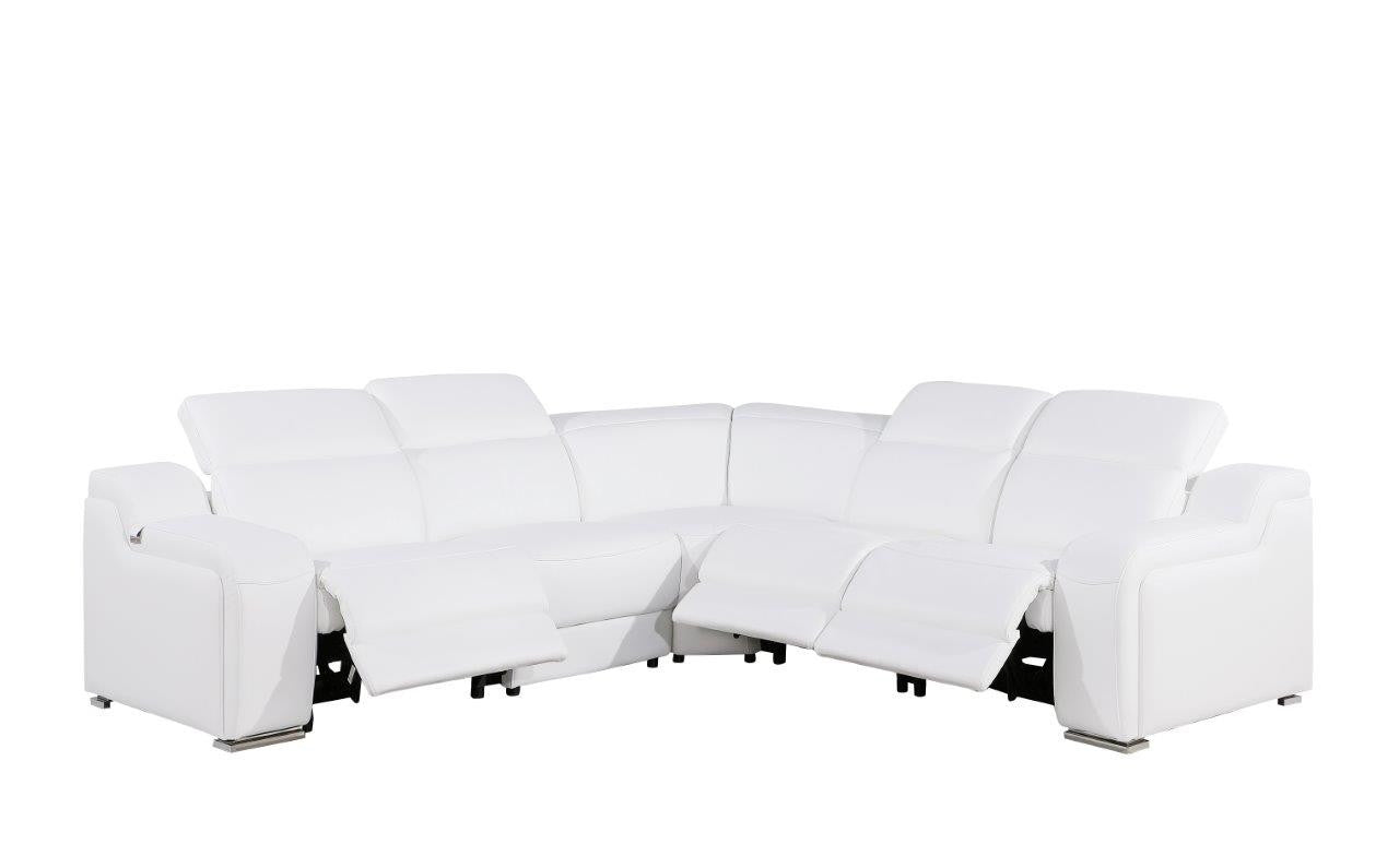 White Italian Leather Power Reclining Curved Five Piece Corner Sectional