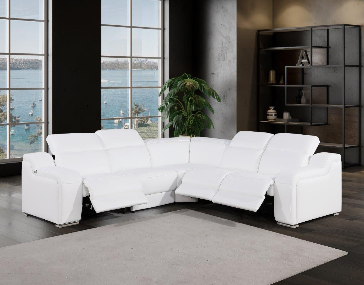 White Italian Leather Power Reclining Curved Five Piece Corner Sectional