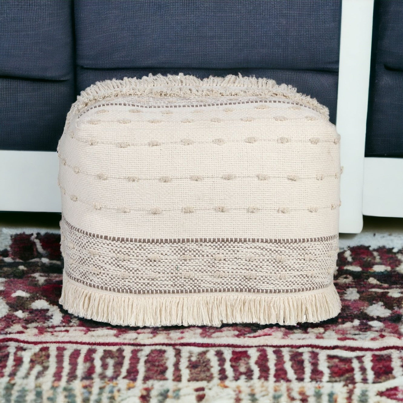 18" Cream Cotton Striped Pouf Ottoman