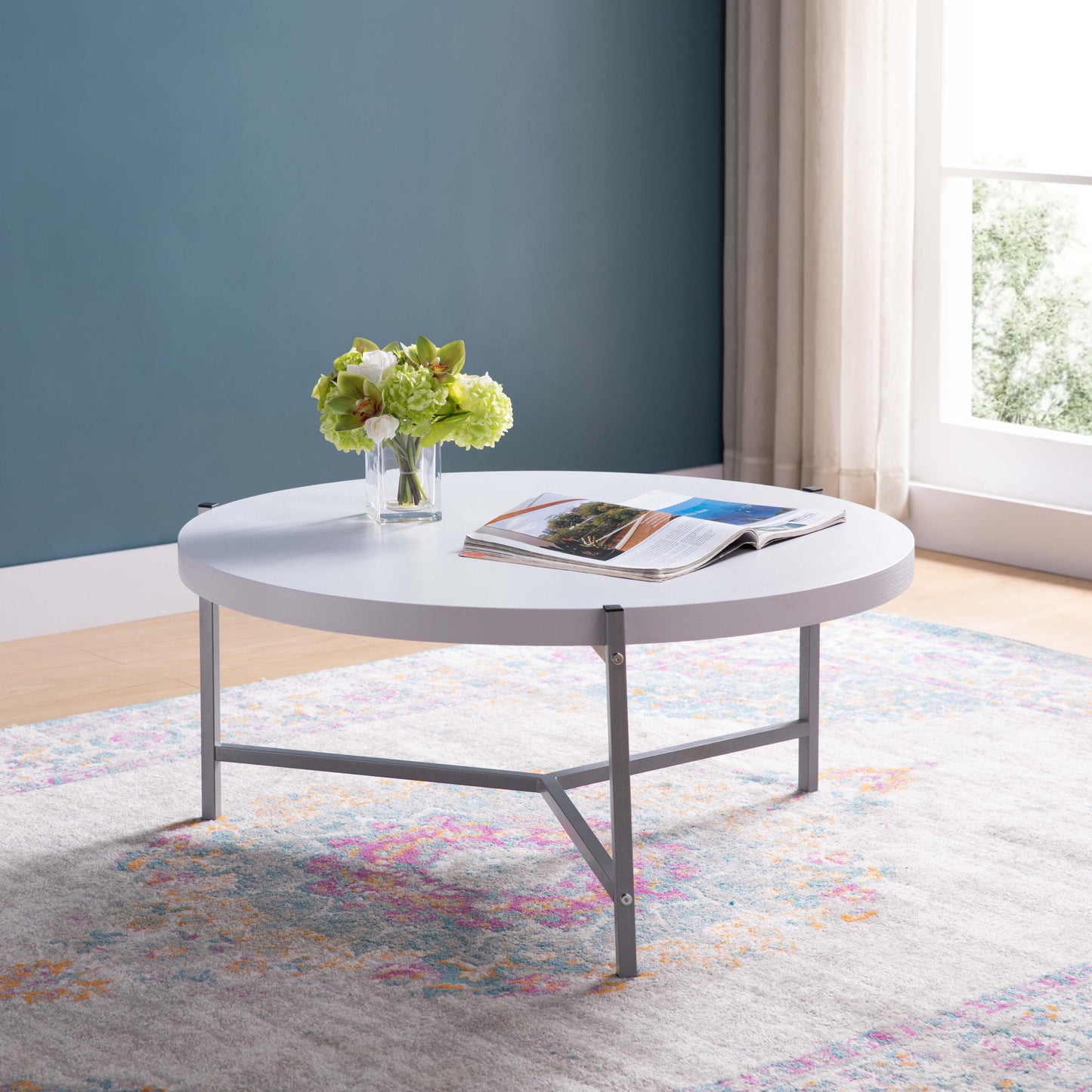 37" White And Silver Stainless Steel Round Coffee Table