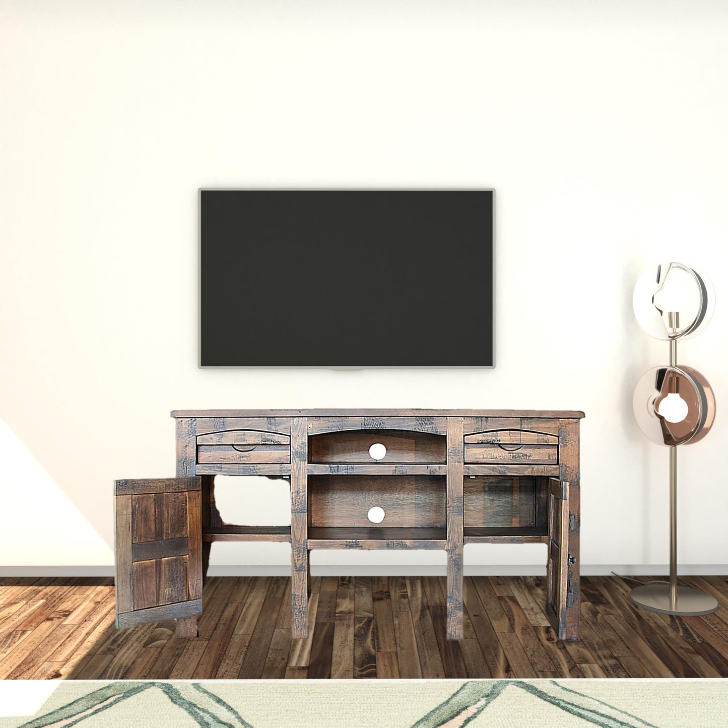 70" Brown Solid Wood Cabinet Enclosed Storage Distressed TV Stand