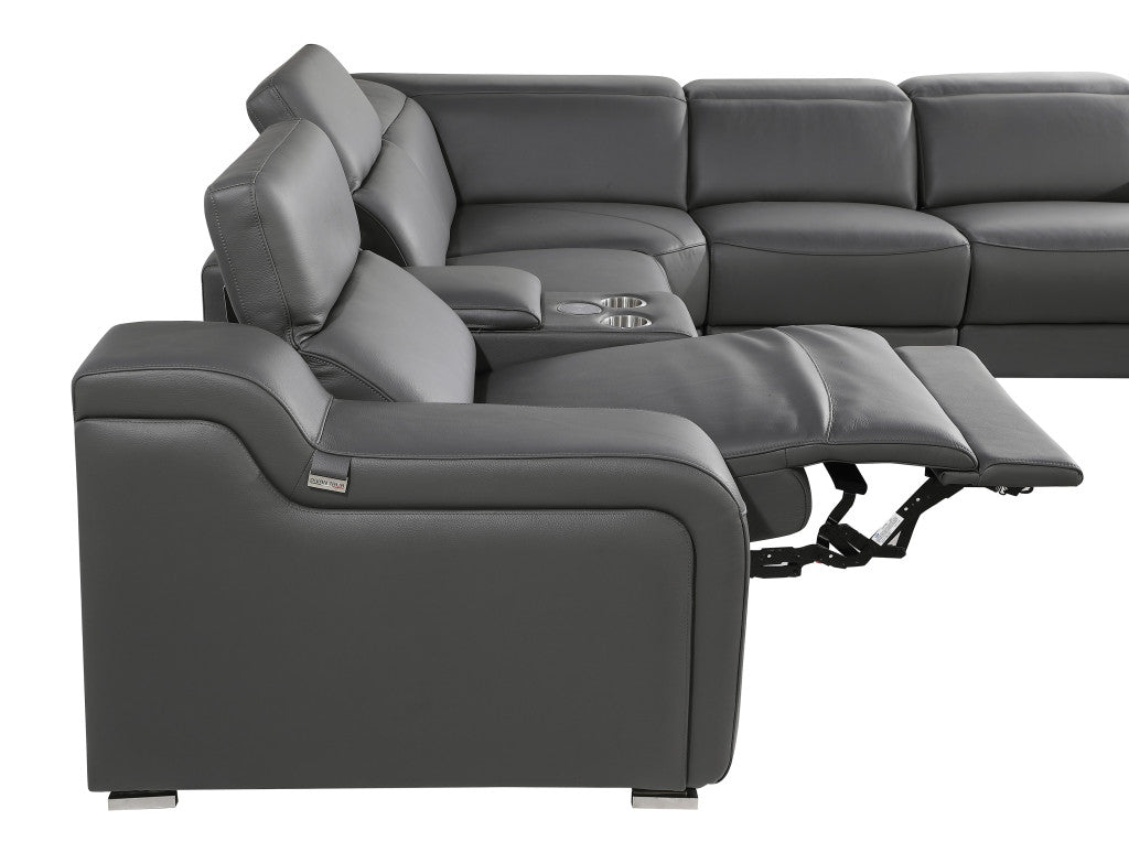 Gray Italian Leather Power Reclining Curved Five Piece Corner Sectional