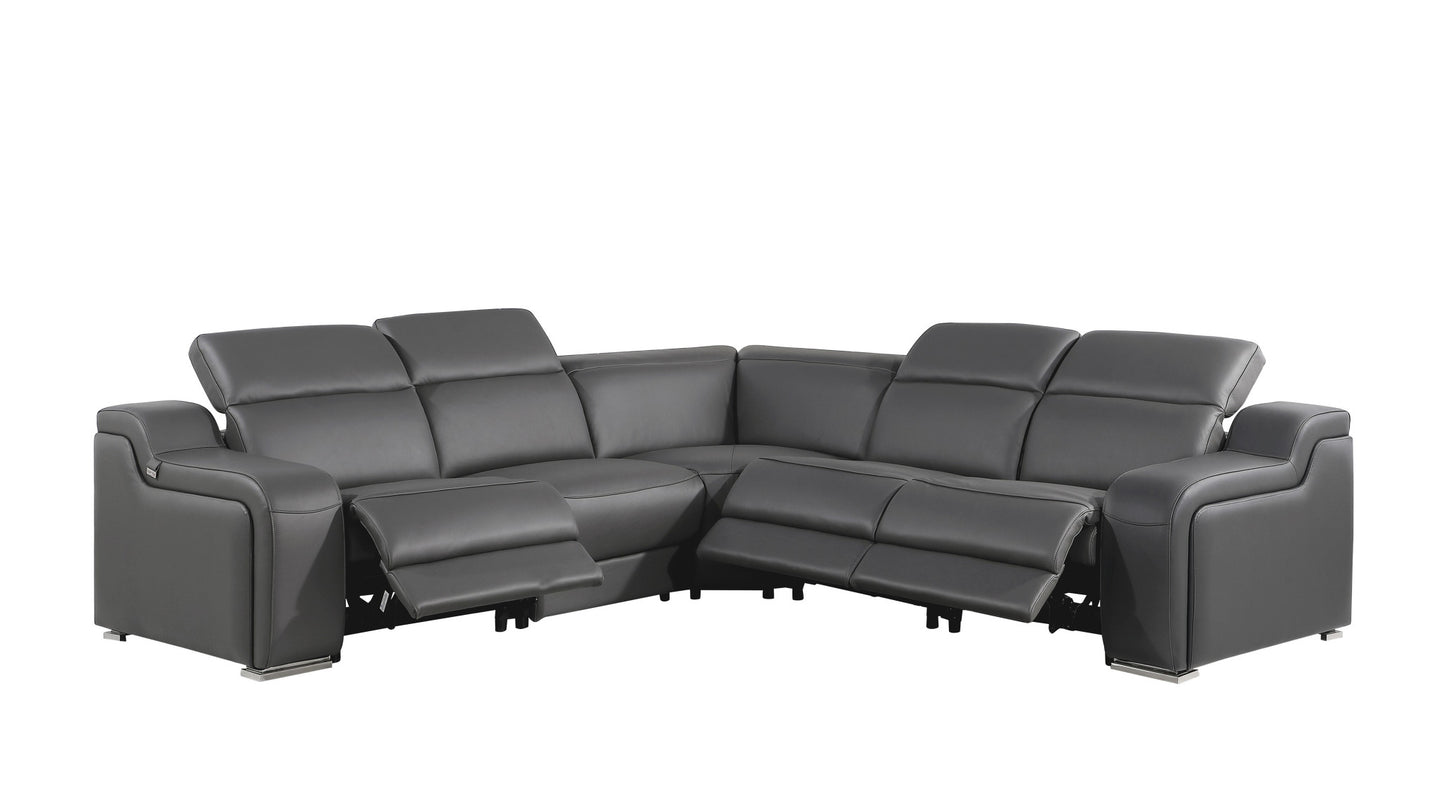 Gray Italian Leather Power Reclining Curved Five Piece Corner Sectional