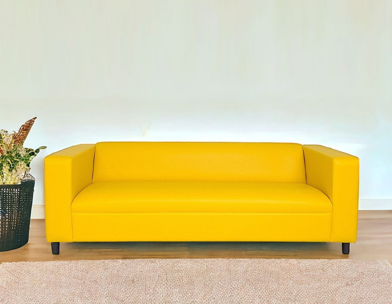 84" Yellow Faux Leather And Black Sofa