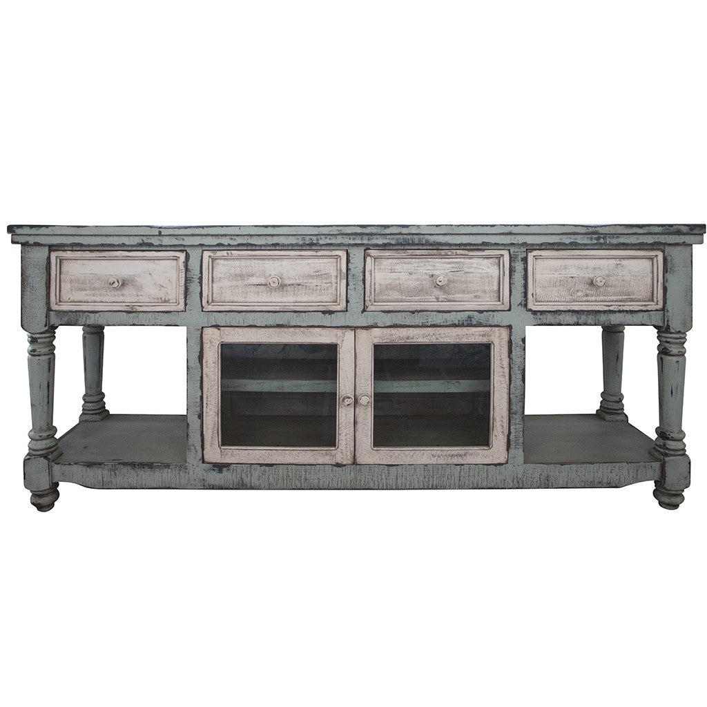 70" Blue and White Solid Wood Open shelving Distressed TV Stand