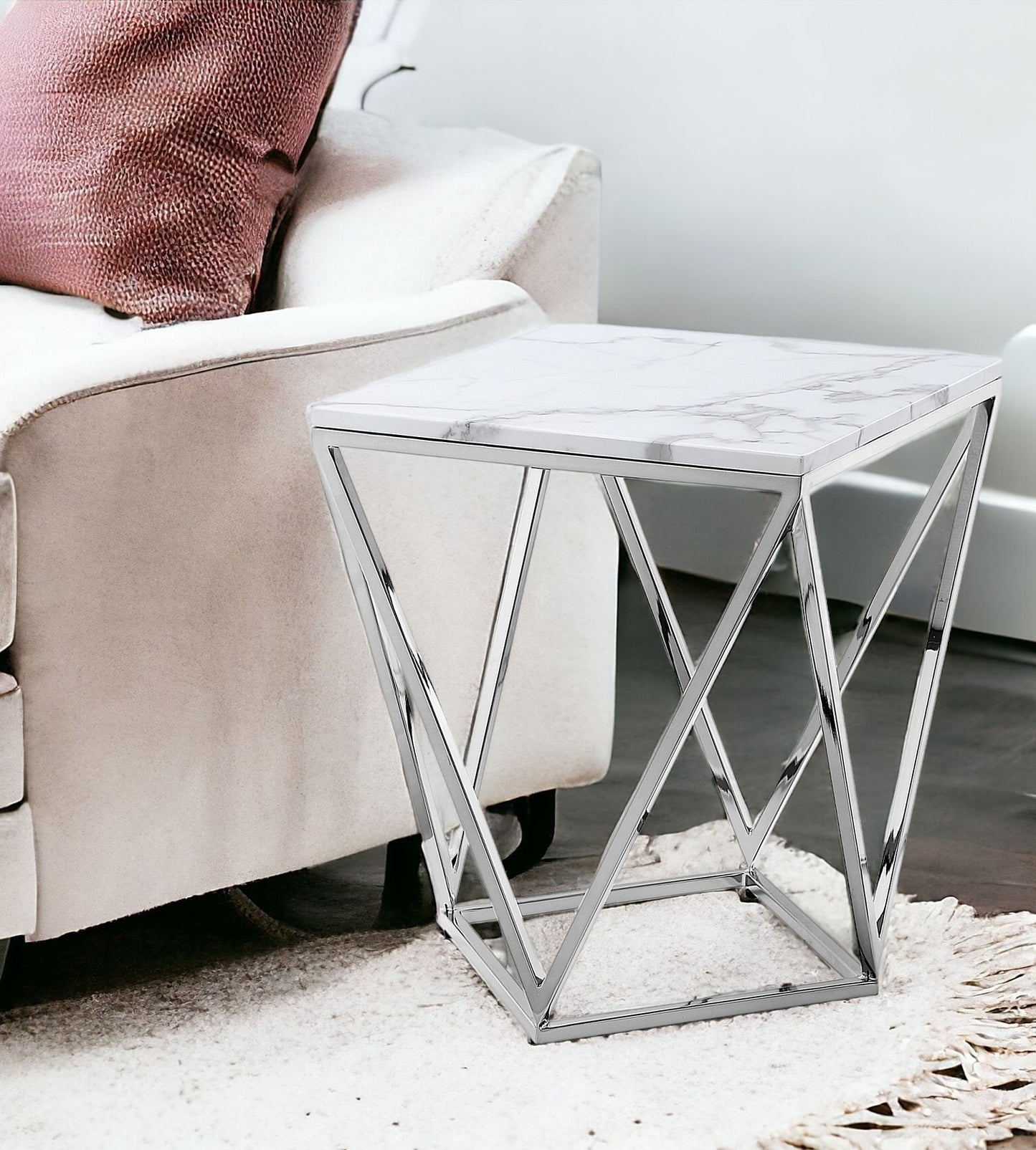 22" Silver Metallic and White Stone End Table