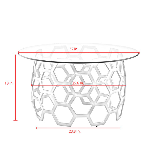 32" Clear And Gold Glass And Iron Round Coffee Table