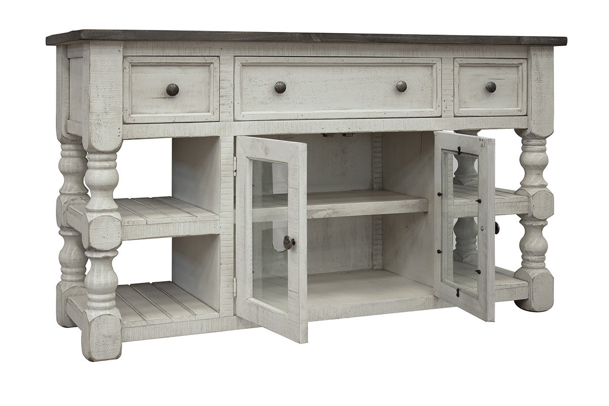 60" Ivory Solid Wood Open shelving Distressed TV Stand