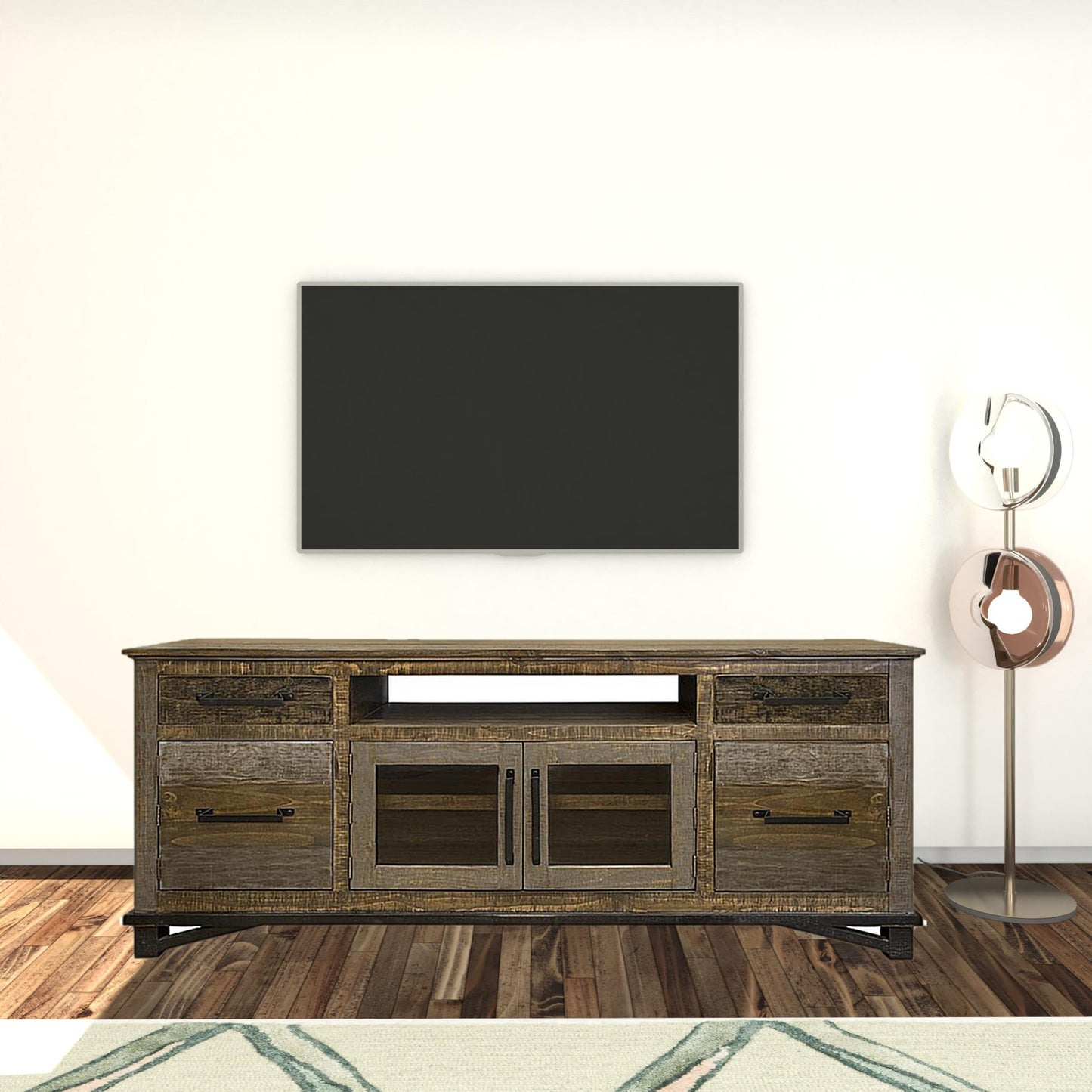 76" Brown Solid Wood Cabinet Enclosed Storage Distressed TV Stand