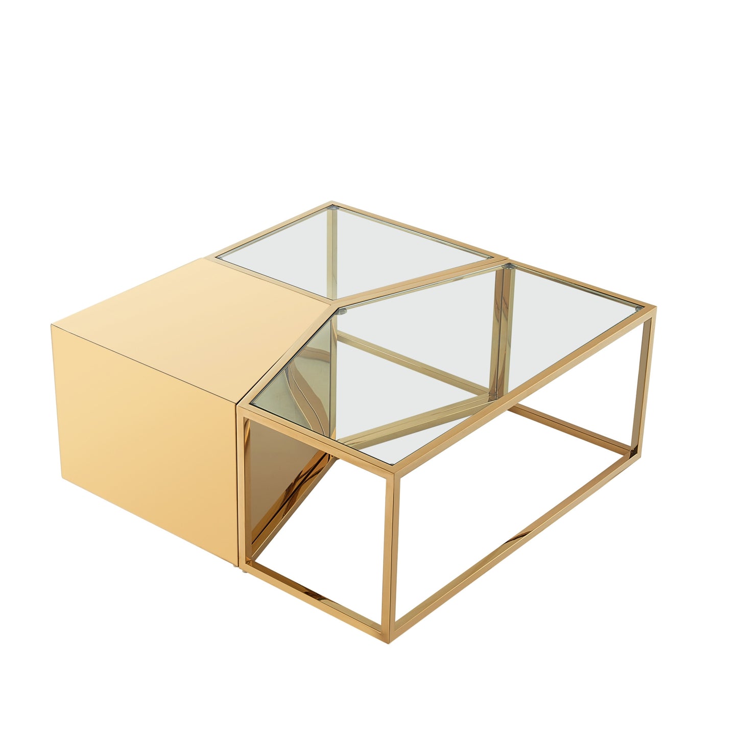 Set of Three 37" Clear And Gold Glass And Stainless Steel Mirrored Bunching Coffee Tables