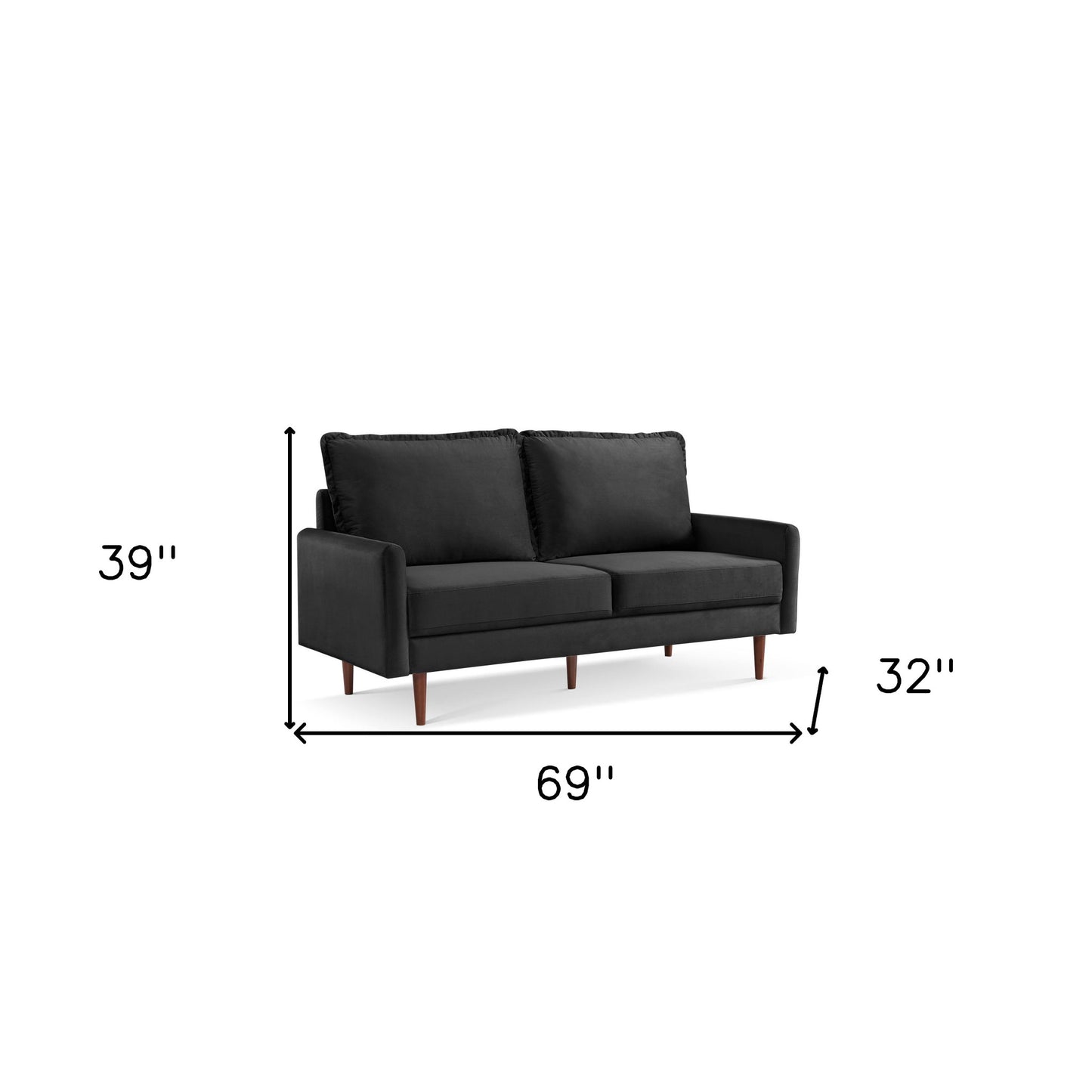 69" Black Velvet and Dark Brown Sofa