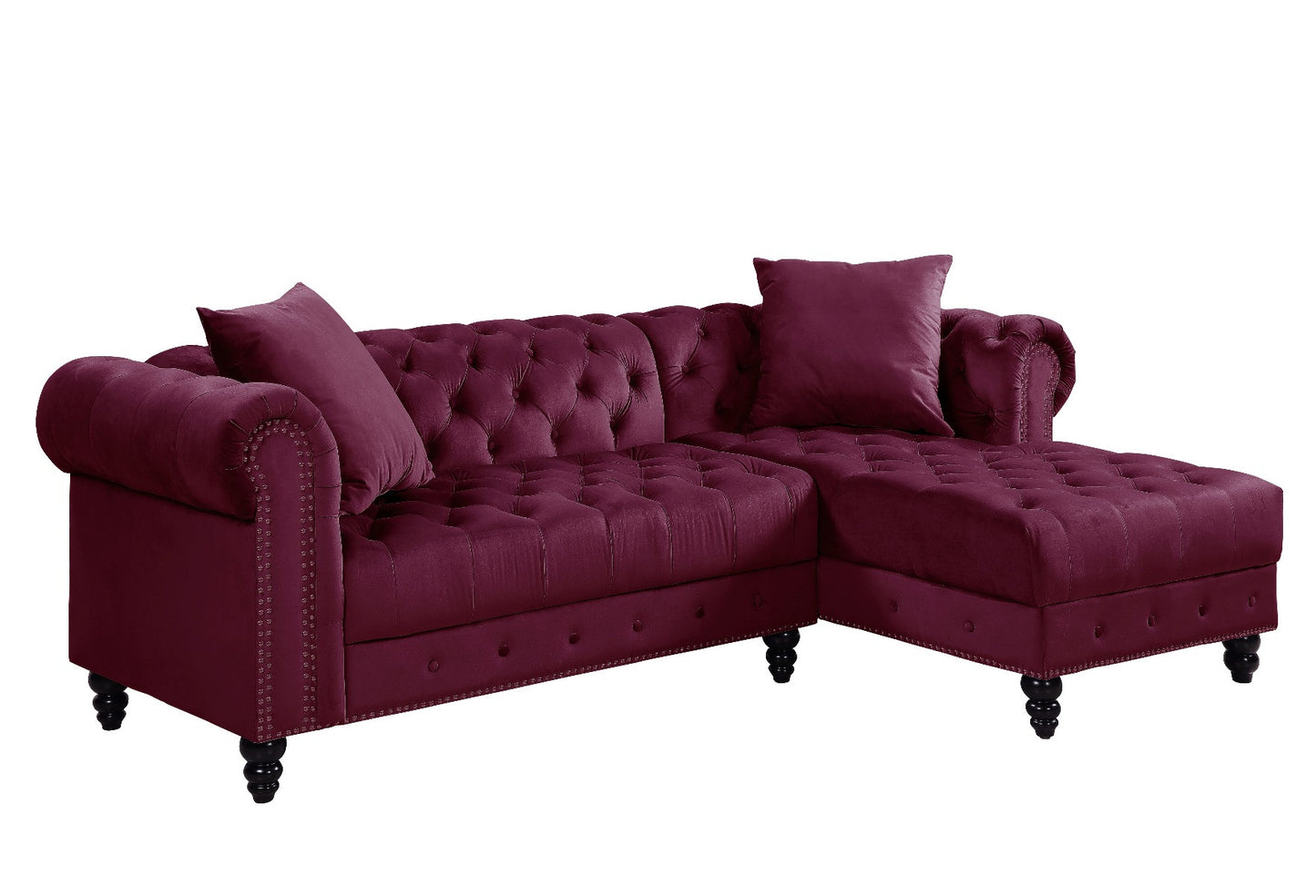 Red Velvet L Shaped Sofa and Chaise Sectional And Toss Pillows