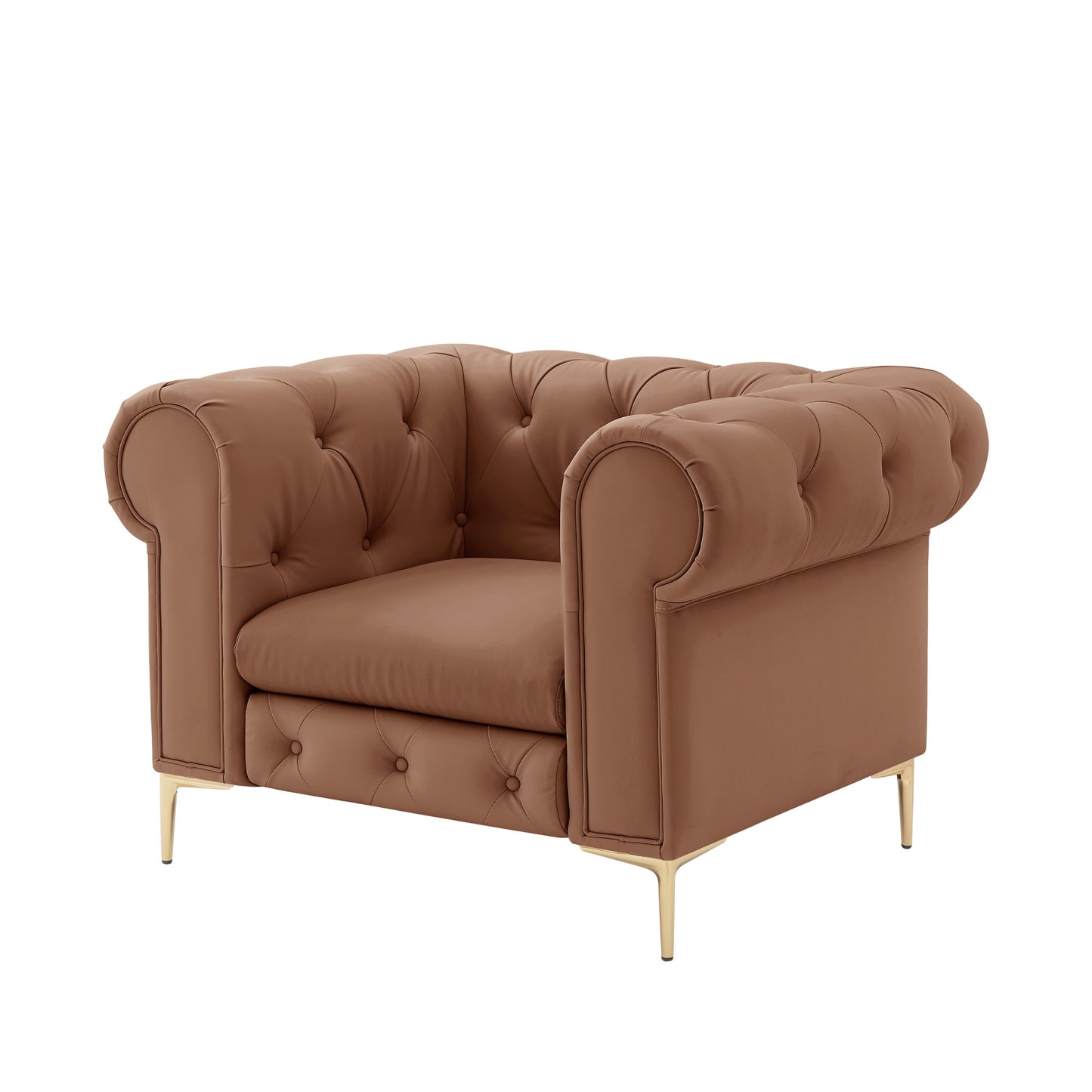 34" Camel And Gold Faux leather Tufted Chesterfield Chair