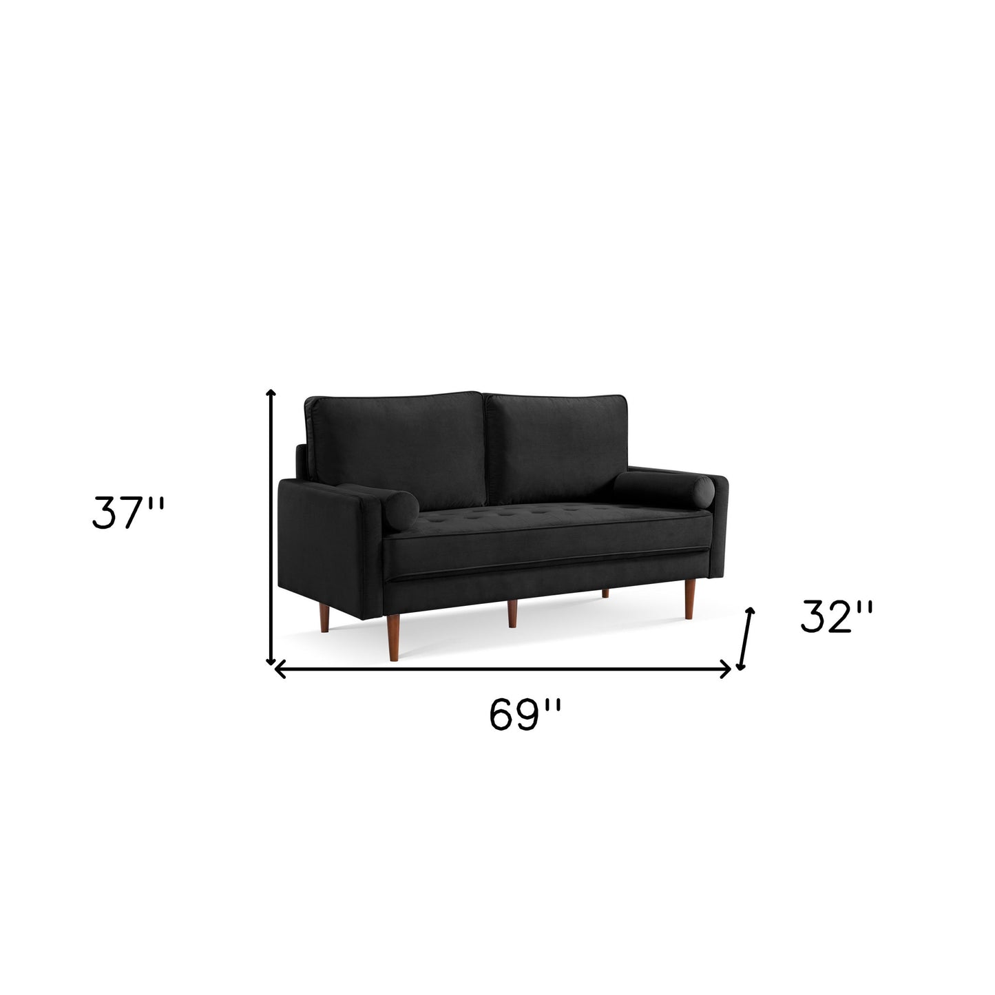 69" Black Velvet and Dark Brown Sofa and Toss Pillows