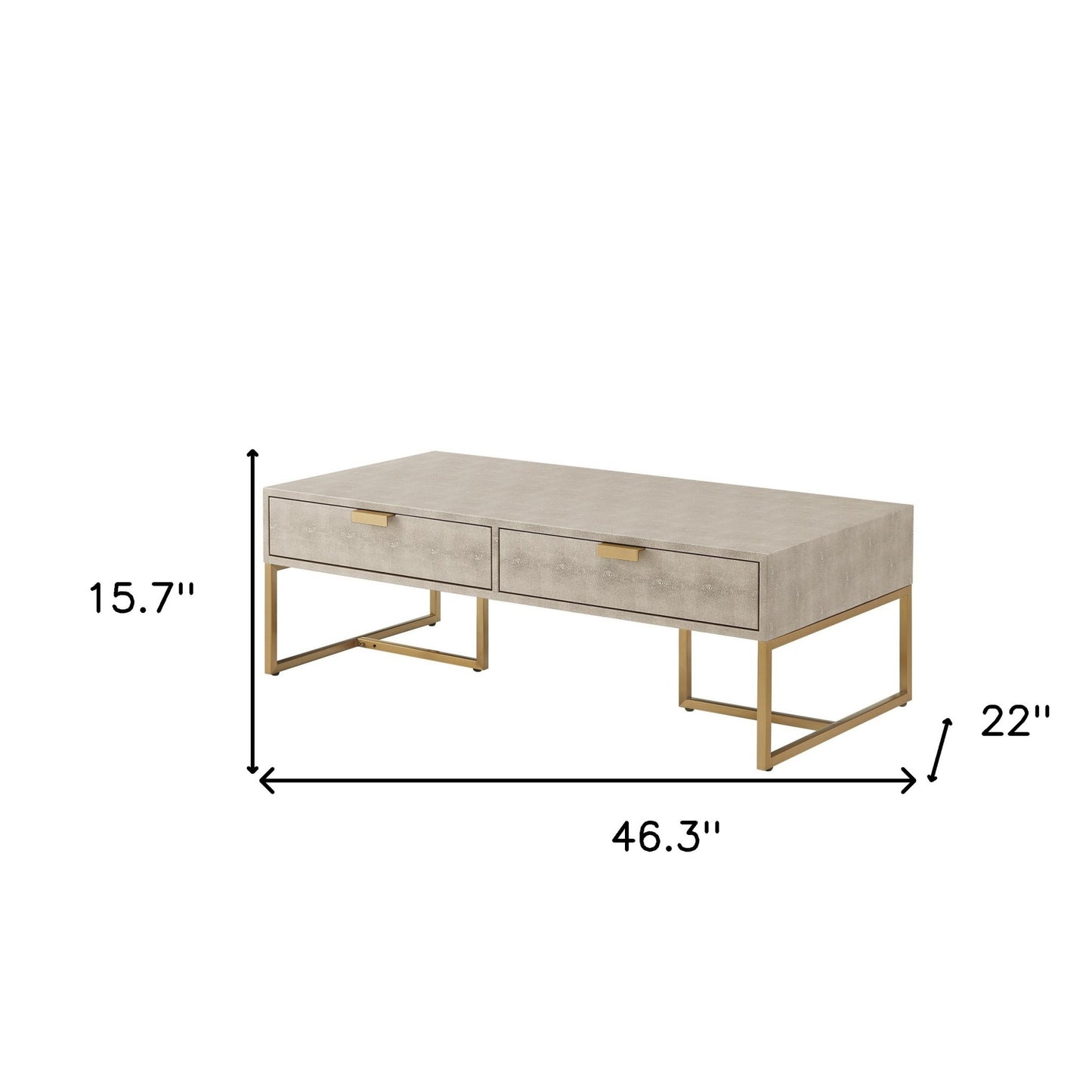 46" Cream And Gold Stainless Steel Coffee Table With Two Drawers