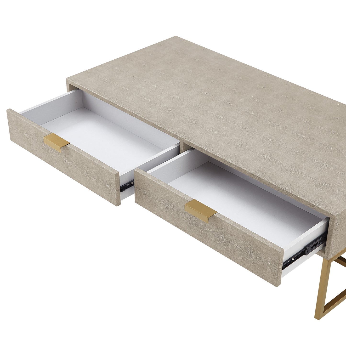 46" Cream And Gold Stainless Steel Coffee Table With Two Drawers