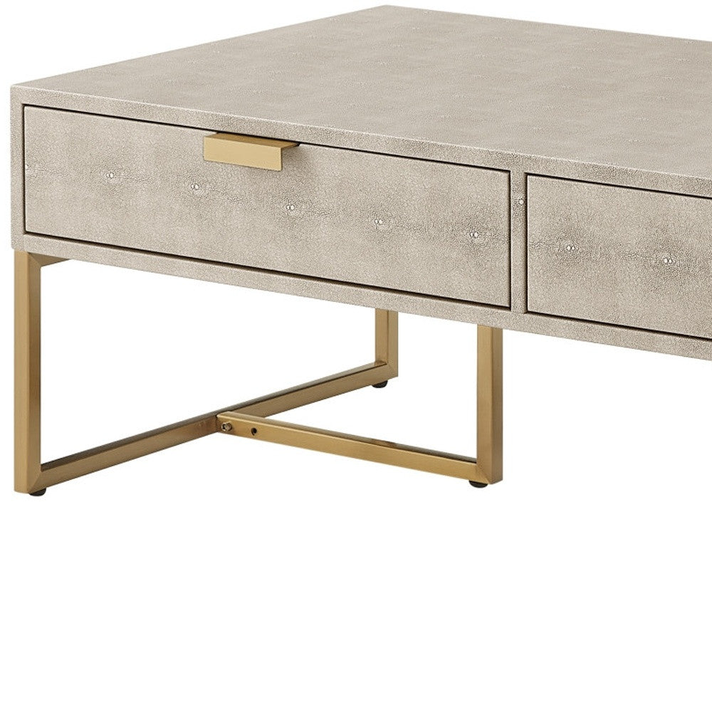 46" Cream And Gold Stainless Steel Coffee Table With Two Drawers