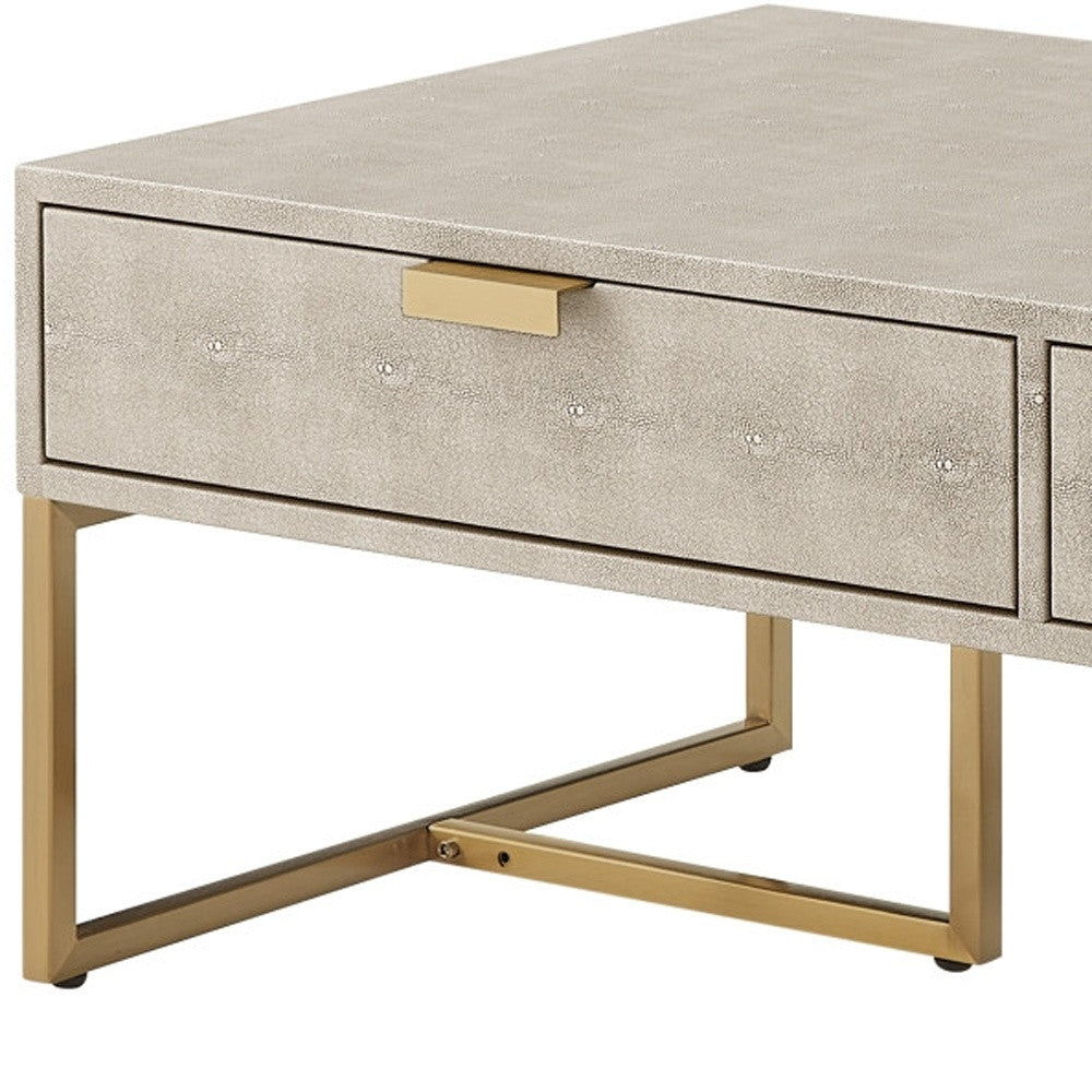 46" Cream And Gold Stainless Steel Coffee Table With Two Drawers