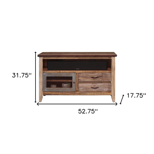 53" Brown Solid Wood Cabinet Enclosed Storage Distressed TV Stand