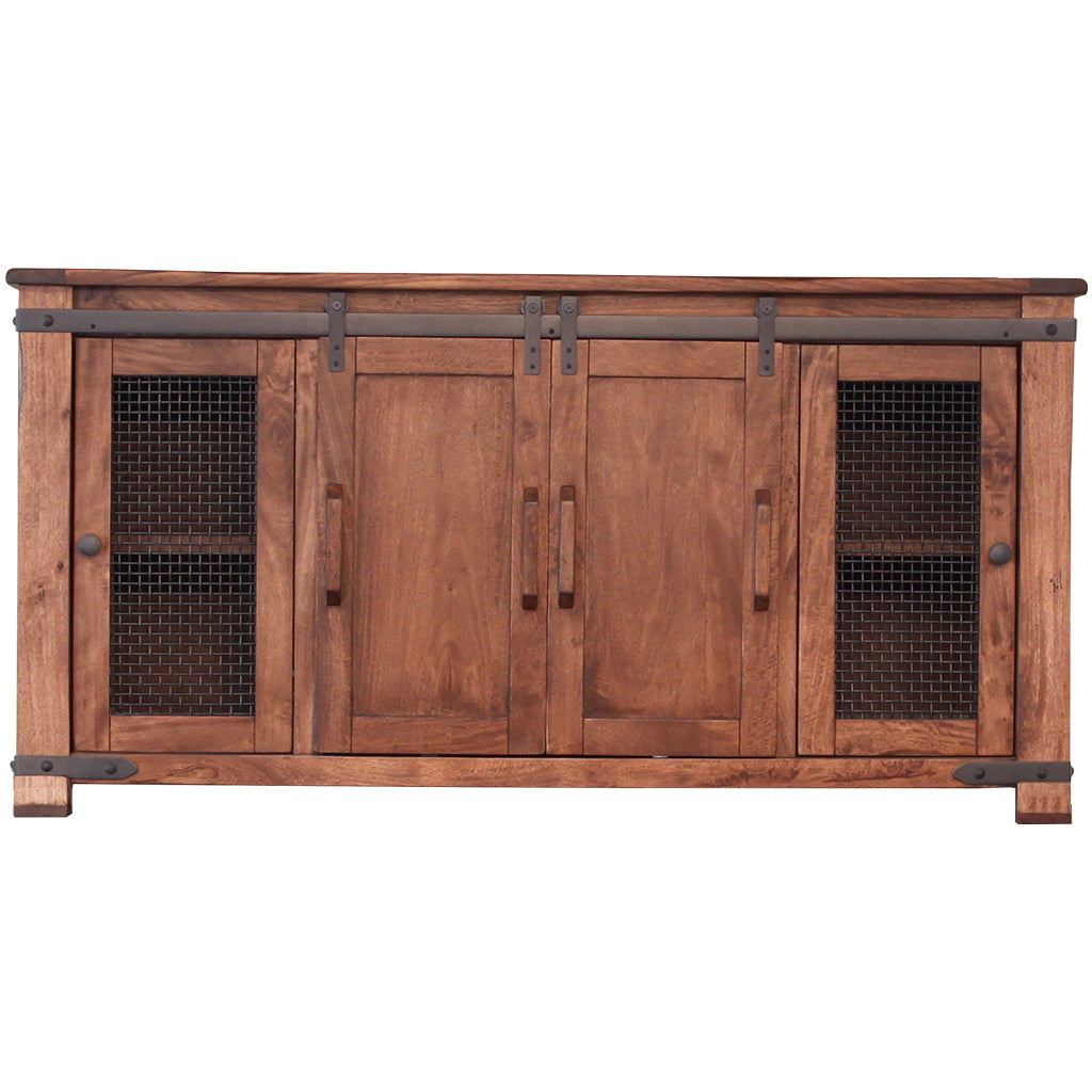 70" Brown Solid Wood Cabinet Enclosed Storage Distressed TV Stand